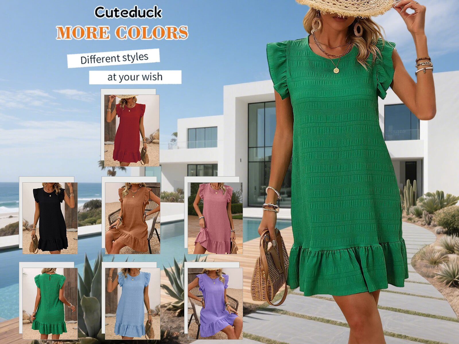Cuteduck Womens Casual Dress Ruffle Sleeve Tiered Hem Round Neck Textured Summer Dress (Solid, S) 0lstf