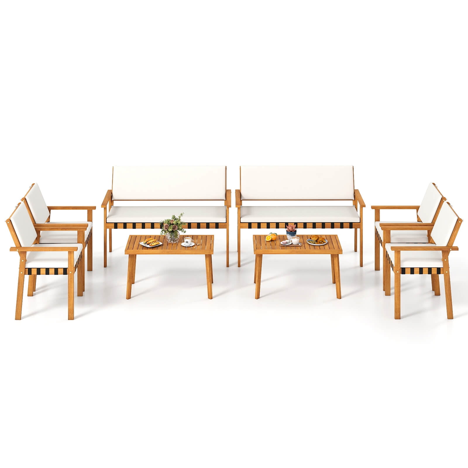 Costway 8-Piece Acacia Wood Patio Furniture Set with Coffee Table and Cushions (White, 8-Piece Set) toyzr