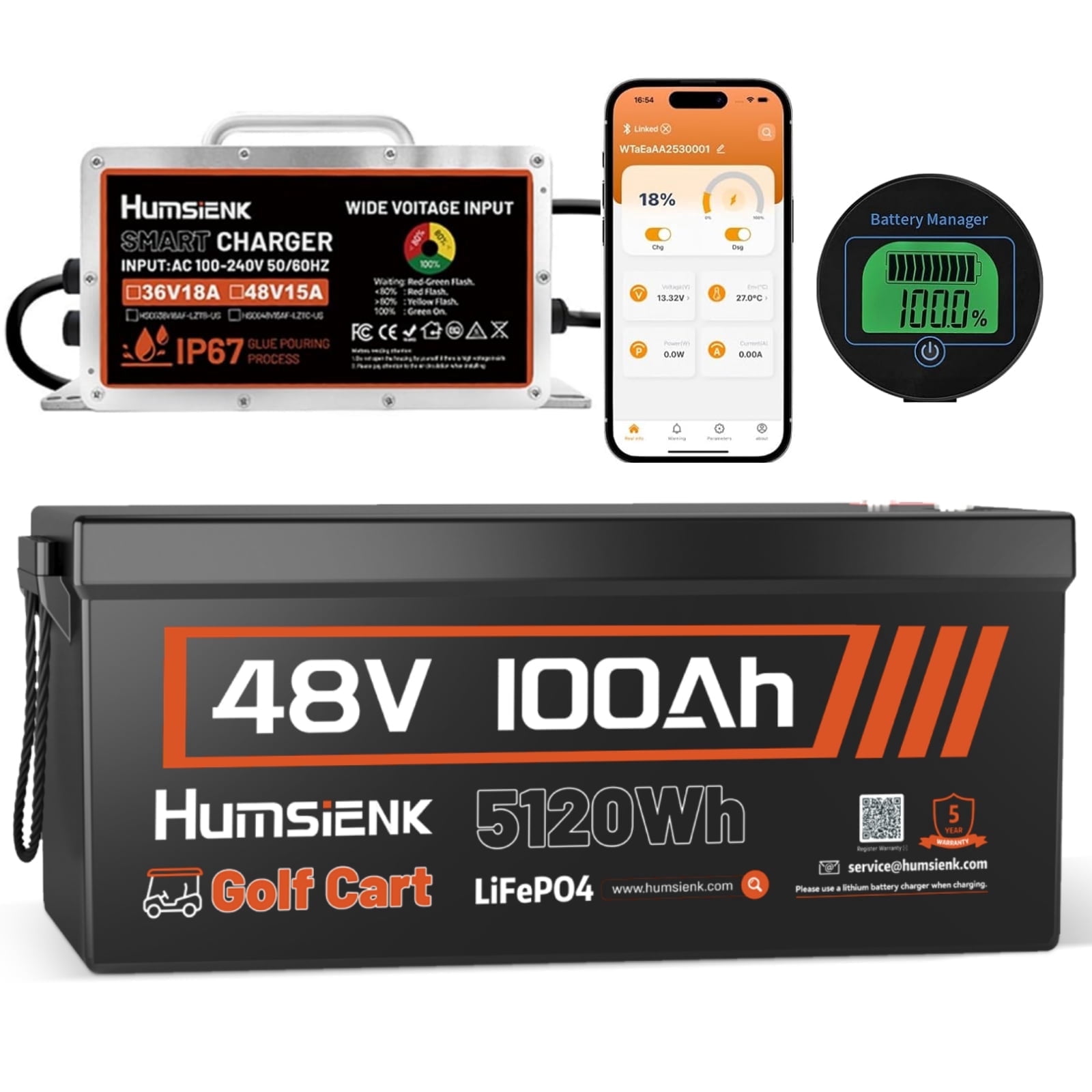 Humsienk 48V 100Ah LiFePO4 Lithium Battery with 15A Charger (Bluetooth, 200A BMS, Metal Case) 0yoe7