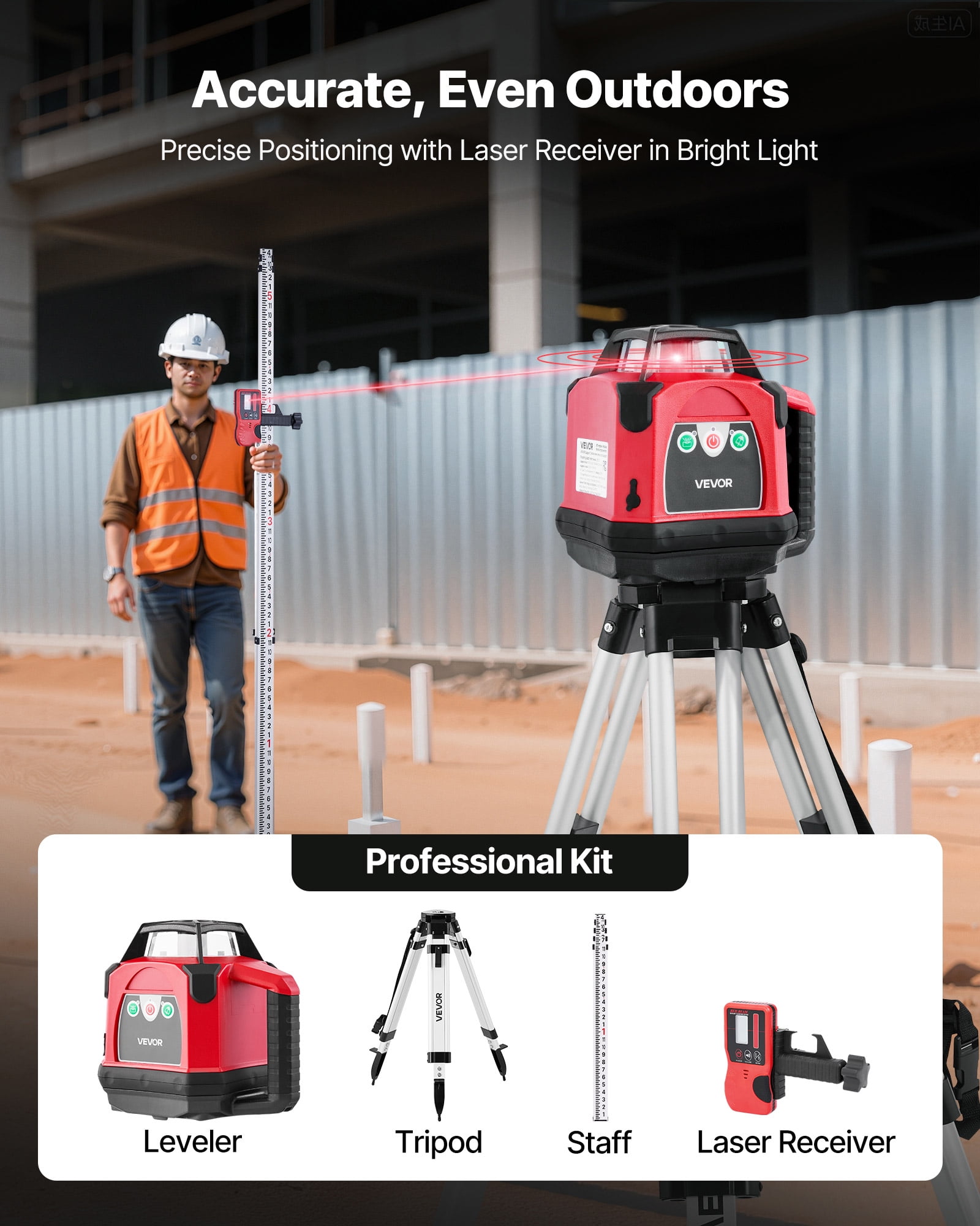 VEVOR Rotary Laser Level Kit, 360-Degree Self-Leveling Red Laser Transit with Tripod and Receiver (2650 ft Range) 9ftcg