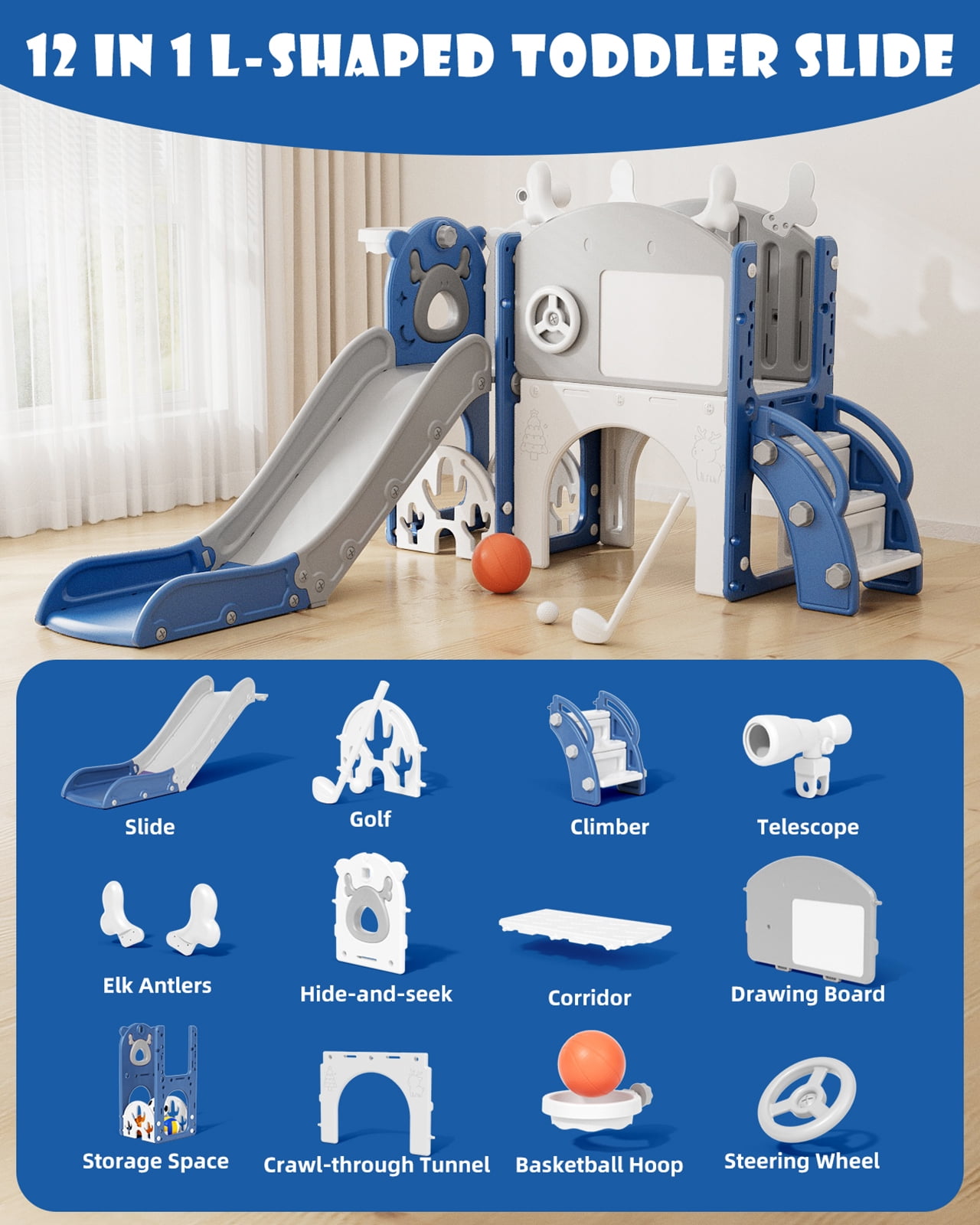Korimefa 11-in-1 Toddler Climber and Slide Playset with Basketball Hoop and Golf Set (Blue, 62.6 x 62.6 x 39 in) ehwmm