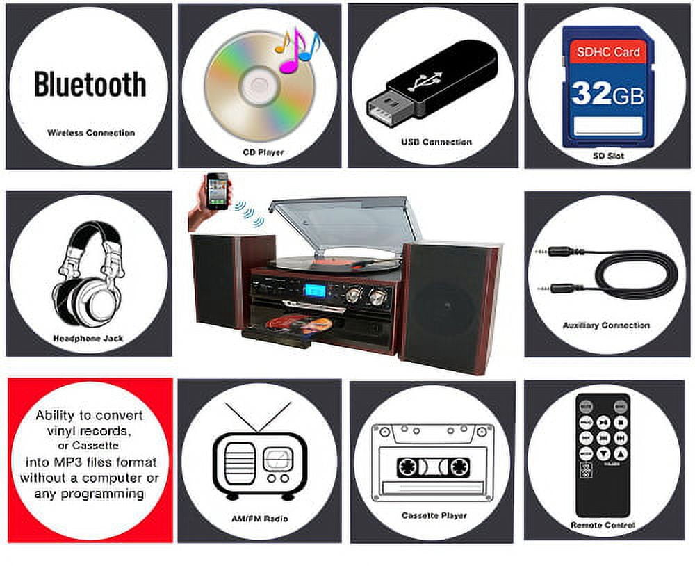 Boytone BT-24DJM 3-Speed Turntable with Bluetooth, CD, Cassette Player, and AM/FM Radio (Black) jdbvh