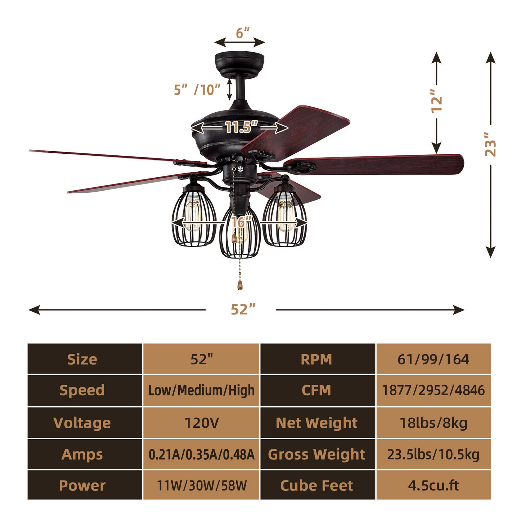 Gymax 52 in Ceiling Fan with Lights, 5 Reversible Blades, 3-Speed Retro Indoor Fan (52 in) 77604