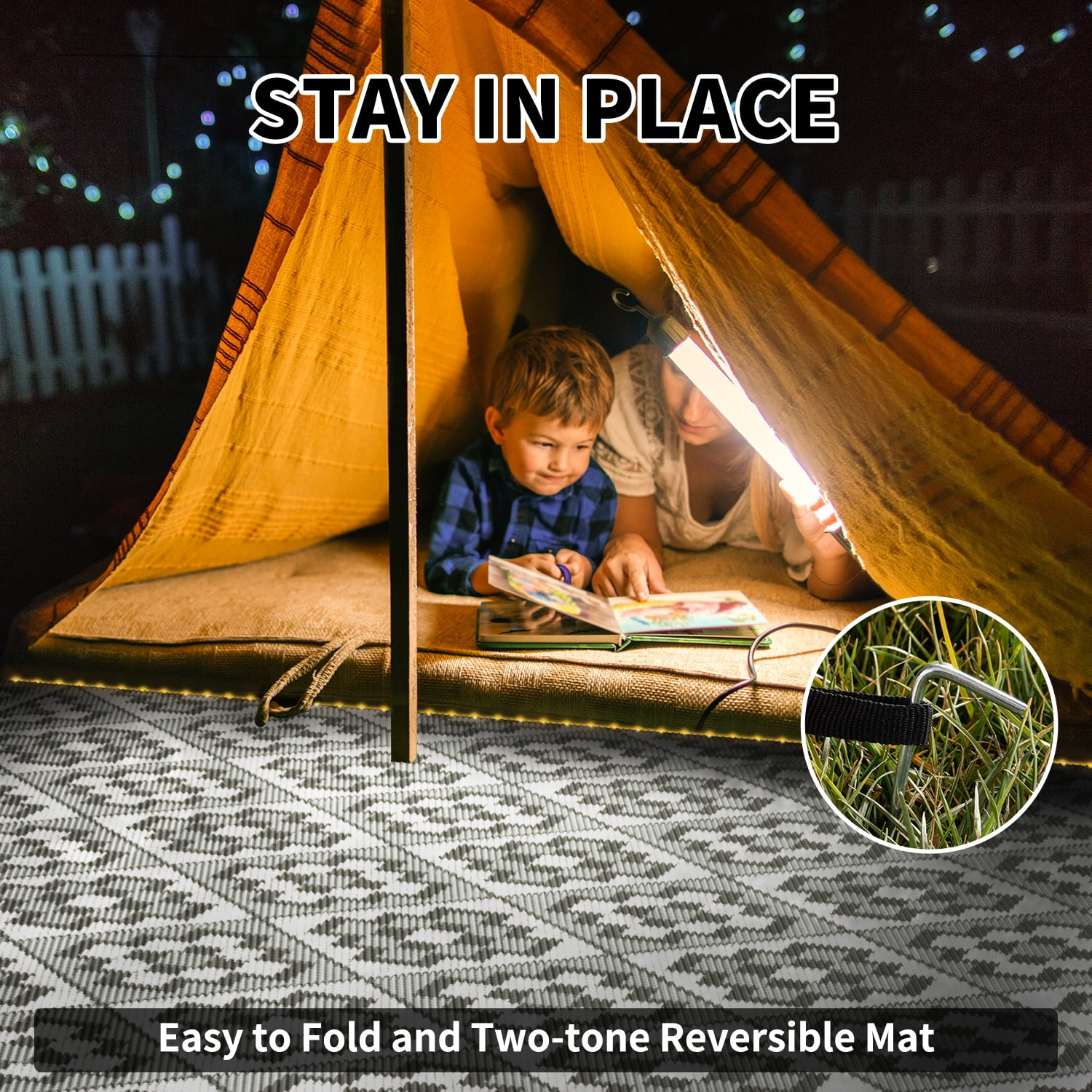 SIXHOME Outdoor Rug with LED Strip Light, Waterproof Reversible Patio Mat for RV Camping and Deck (Light Gray, 9 ft x 12 ft) 904jr