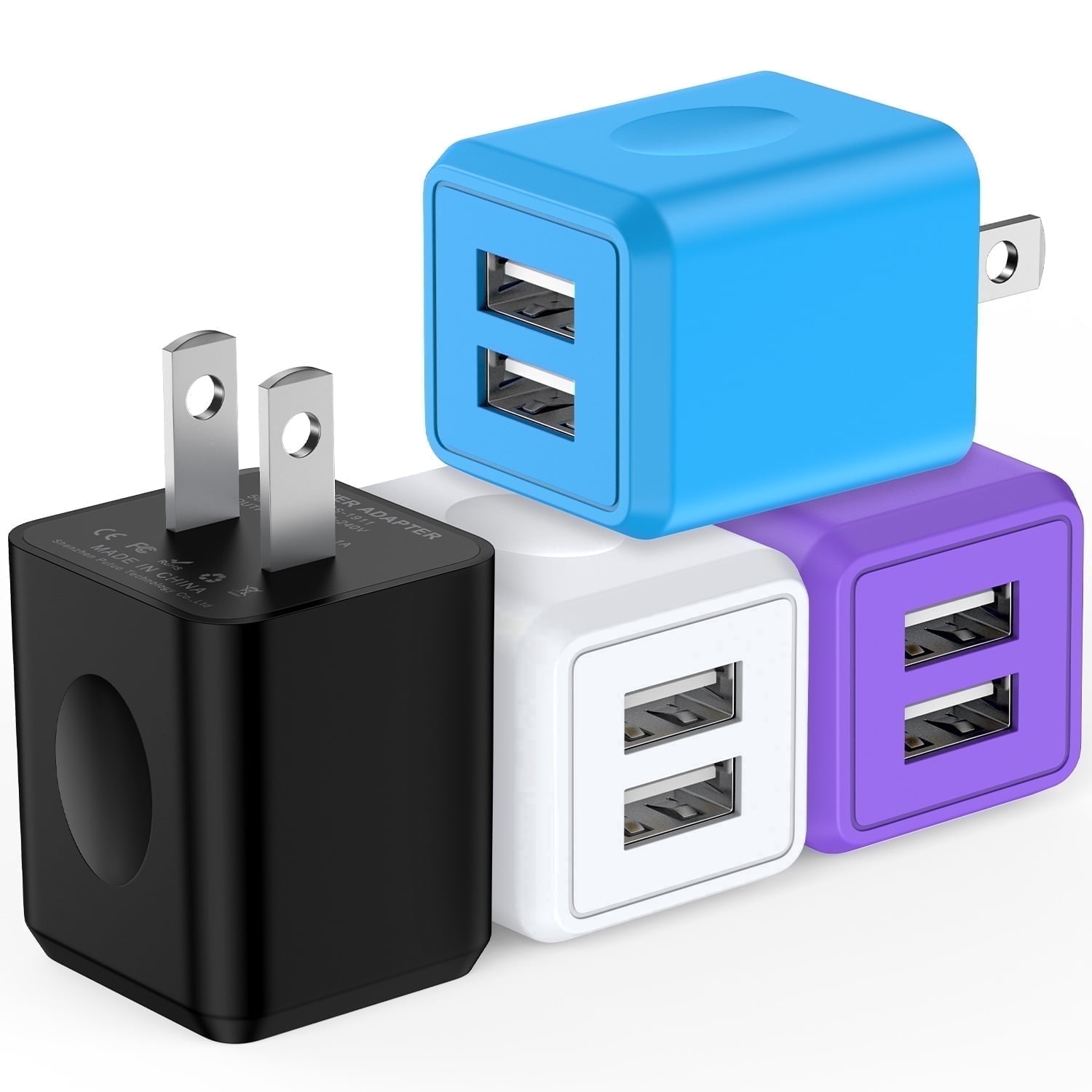 FiveBox Dual USB Wall Charger Block, Fast Charging Power Adapter Cube (4-Pack, Multicolor) 2mrhp
