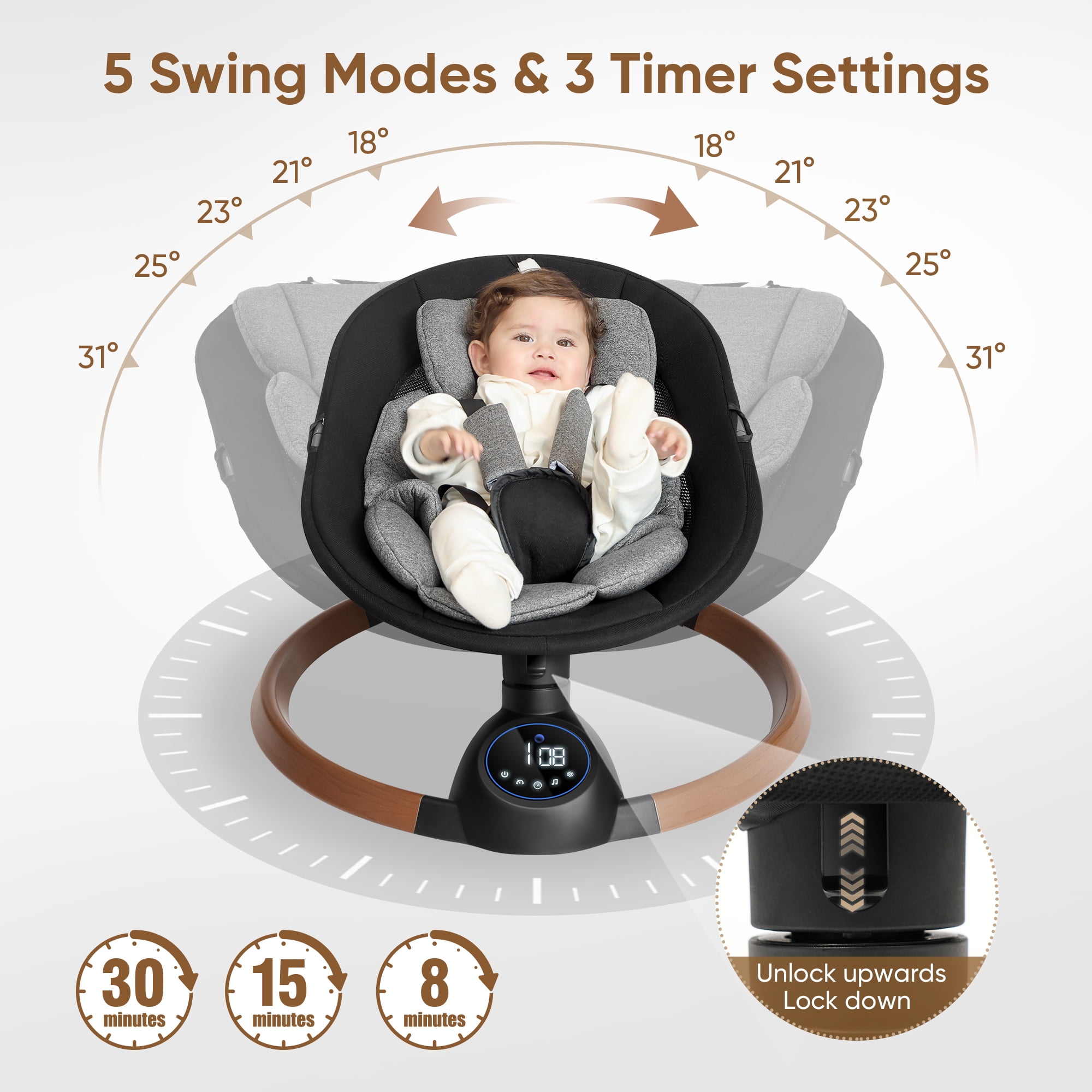 Babyeap Electric Baby Swing for Infants with Bluetooth Control and 5-Point Harness (Gray, 20 lb Capacity) 5obaw