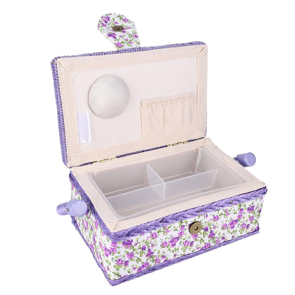 Tebru Sewing Basket Organizer with Handle, Double-Layer Storage Box for Thread and Needle (Purple Flower, 12 in x 9 in x 6 in) bo8la