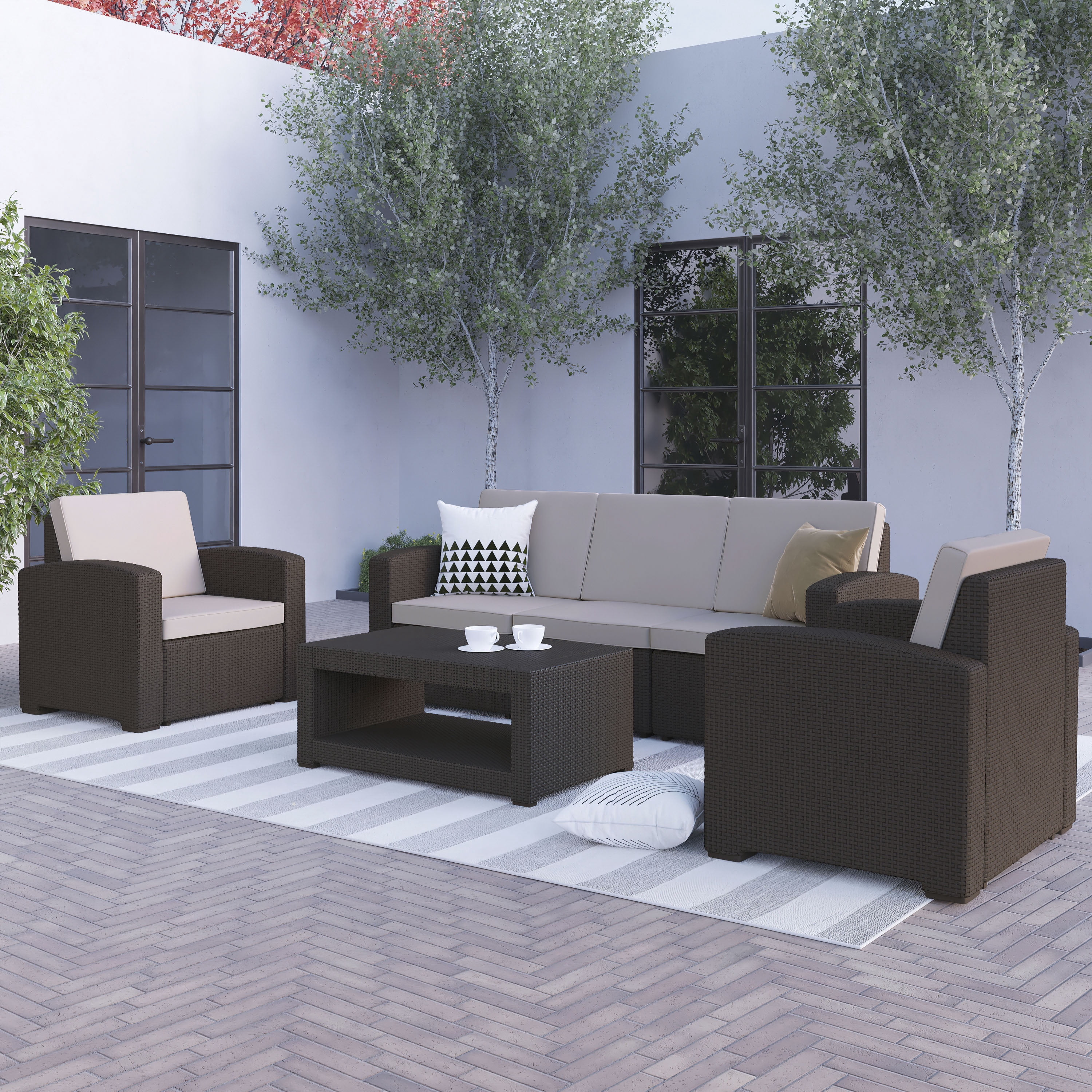 Flash Furniture Seneca 4 Piece Outdoor Faux Rattan Patio Conversation Set (Chocolate Brown, 4-Piece Set) q1jju