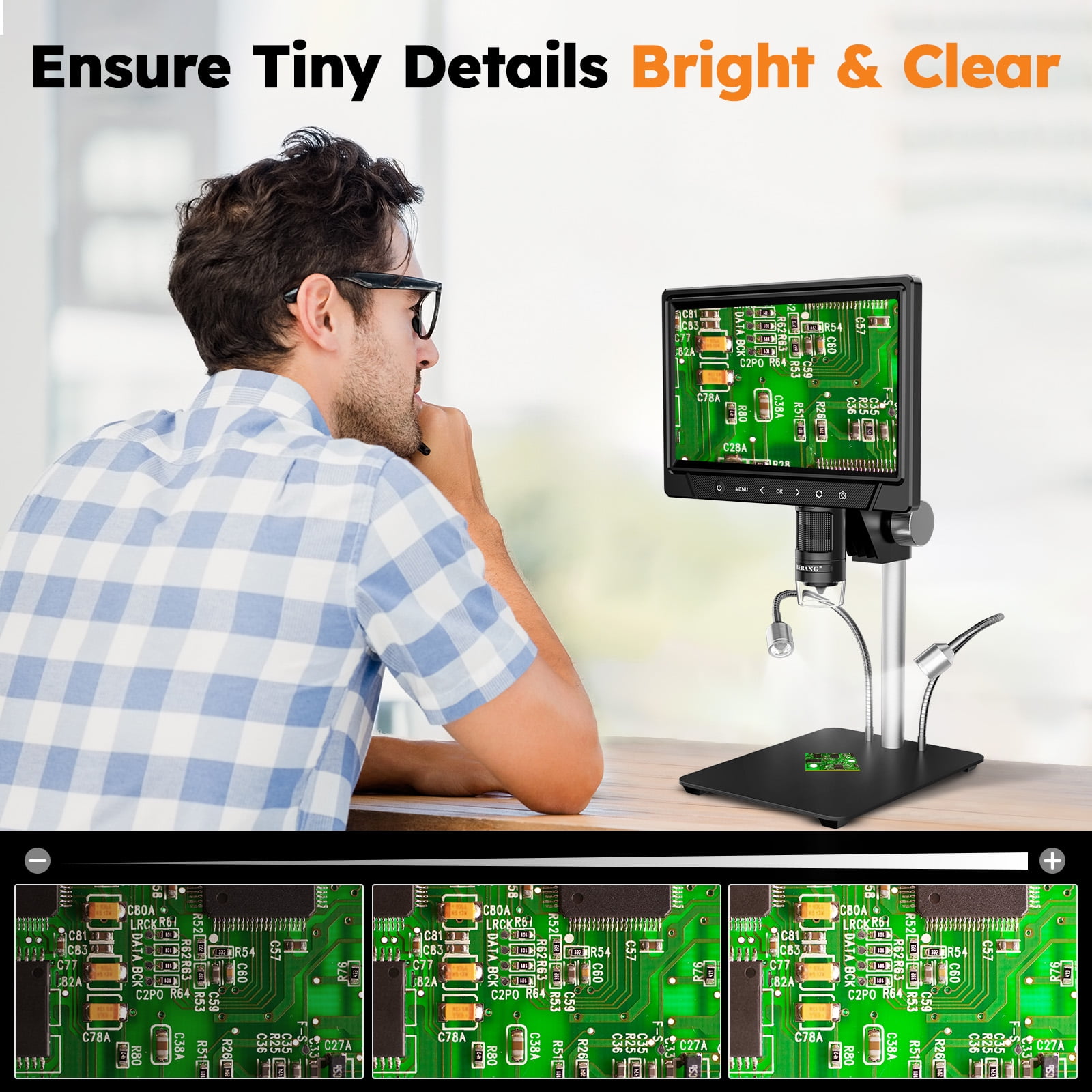 BEBANG 10.1-inch LCD Digital Microscope with 1080P HD Camera, 12MP Sensor, and 32GB SD Card for Electronics Repair and Coin Inspection y511c