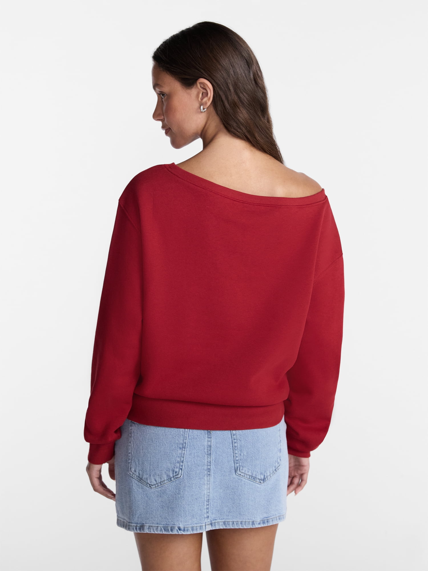 No Boundaries Women's Off-the-Shoulder Long Sleeve Fleece Sweatshirt (Red, S) fgg6r