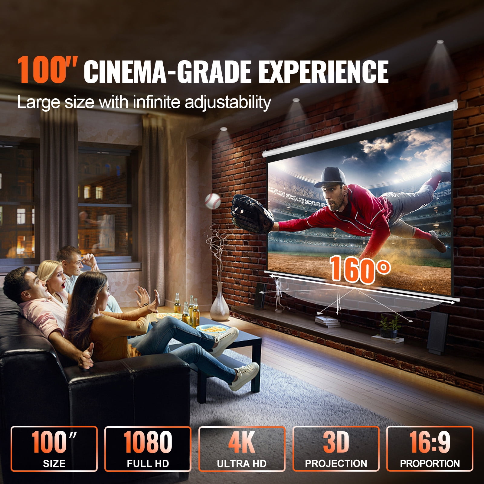 KFFKFF 100 in Pull Down Projector Screen Wall Mount High-Reflectivity Home Theater (White, 100 in) r1h5x
