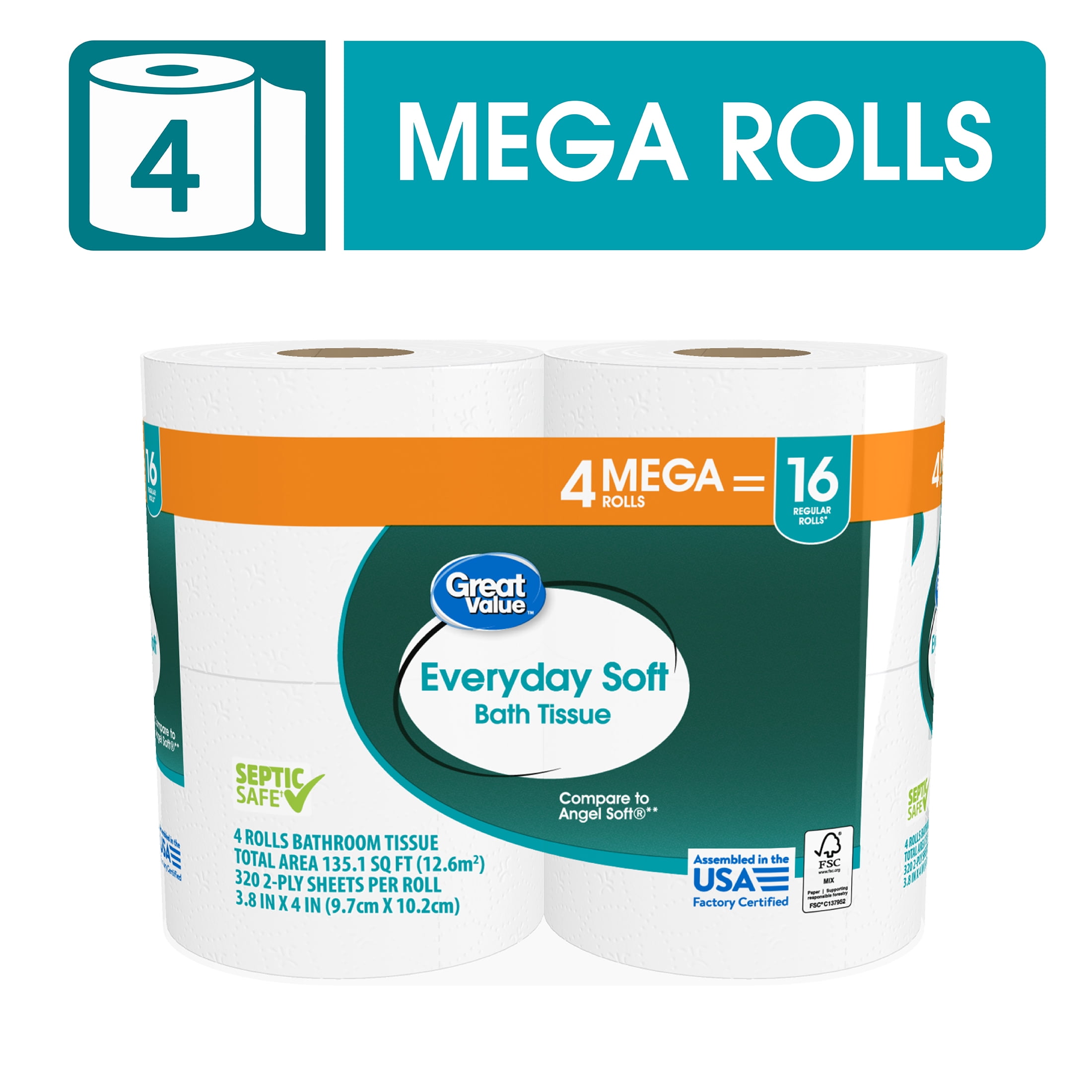 Great Value Everyday Soft Bath Tissue, 2-Ply Mega Rolls (12 Pack, 48 Total Rolls) fd47m - Image 2