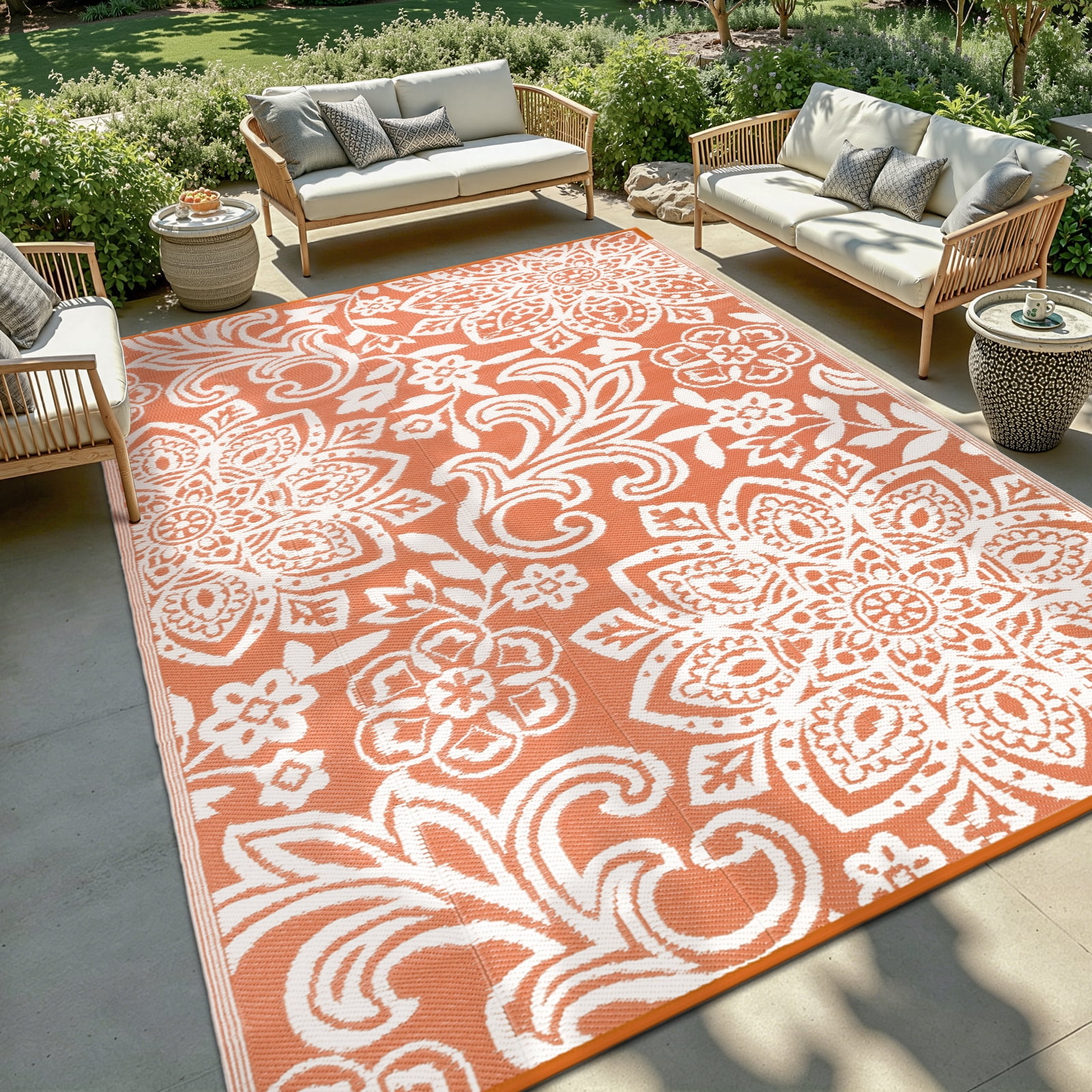 MJIAexp Reversible Outdoor Rug, Waterproof Plastic Straw Patio Mat for Camping, Deck, and Beach (Orange, 6 ft x 9 ft) 864rj