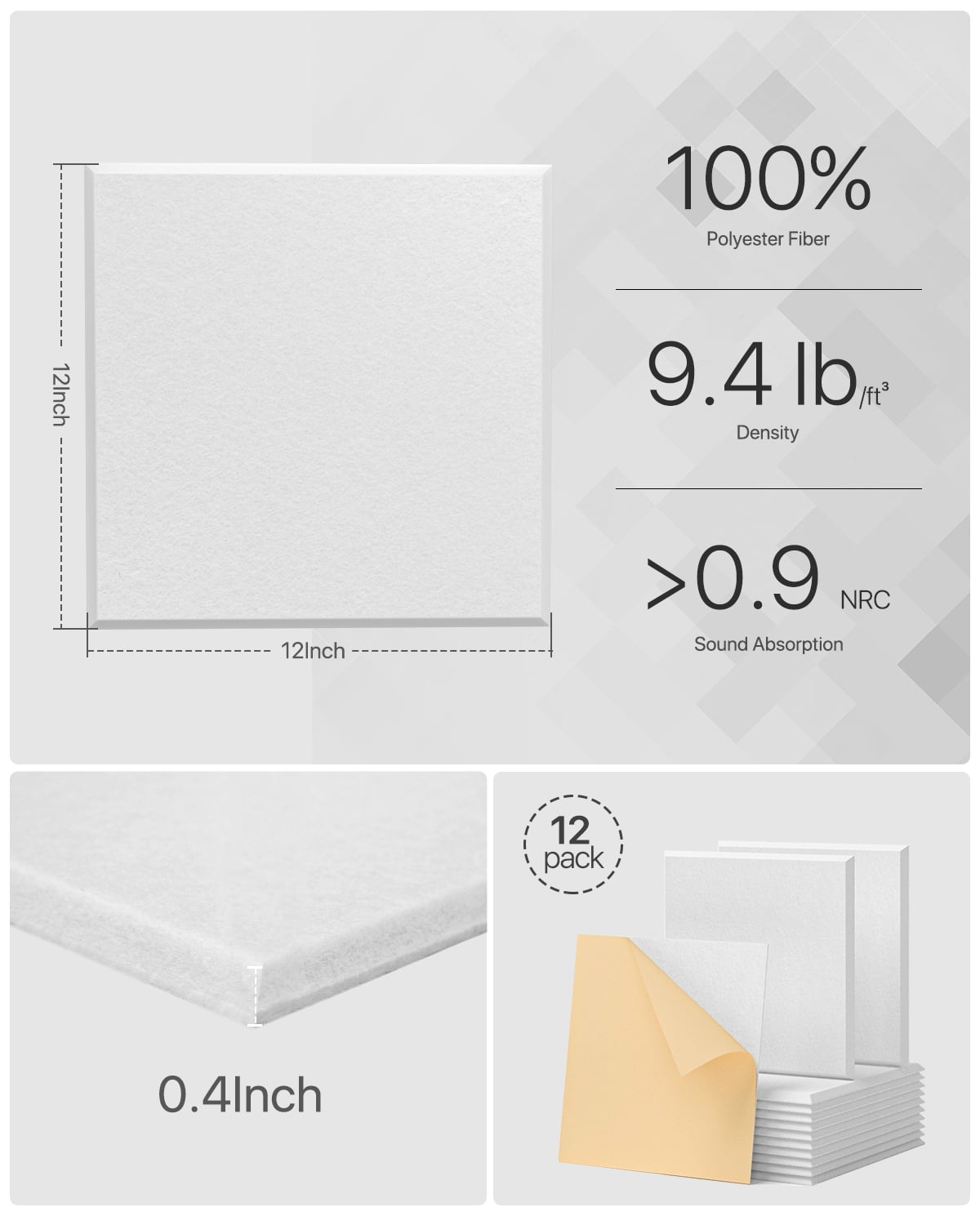 Soundsbay Soundproof Wall Panels Self-Adhesive Acoustic Noise Cancelling Tiles (White, 12 Pack, 12 in x 12 in x 0.4 in) pqmgj