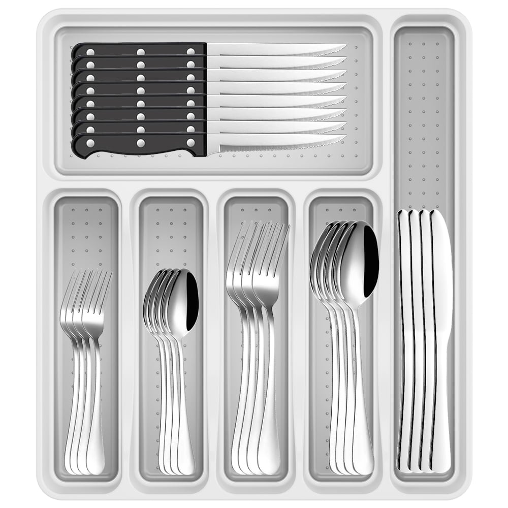 Kosbon 49-Piece Stainless Steel Flatware Set with Drawer Organizer (Service for 8, Silver) gxed7