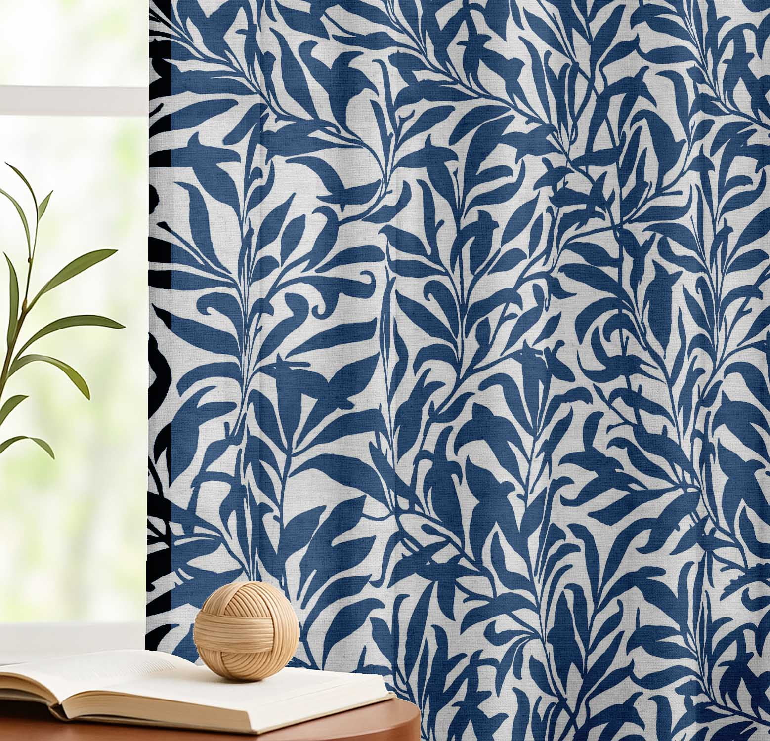 Vargottam Cotton Window Curtains, Light Filtering Drapes with Leaves Print (Blue, 52 in x 63 in, Set of 2) qvpy2