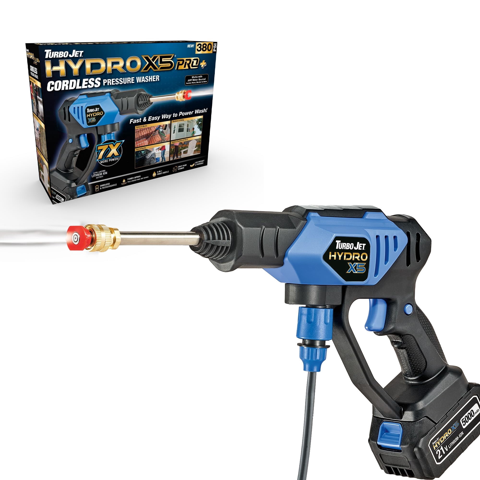 Turbo Jet X5 Pro+ Cordless Pressure Washer (380 PSI, 21V Battery) 0chcz