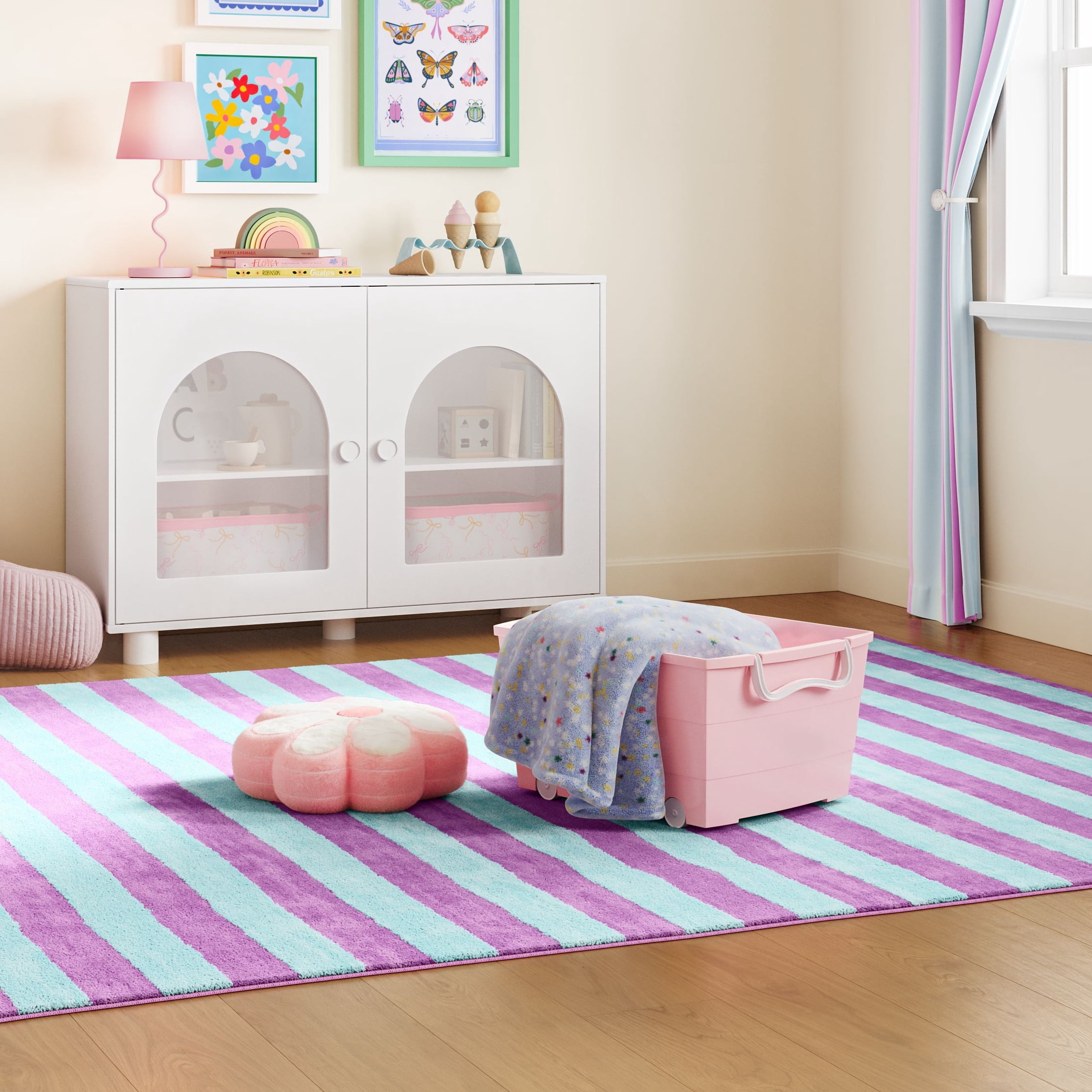 Mainstays Kids Large Rolling Toy Storage Basket with Handles (Pink, 16.25 in x 22 in x 11.25 in) a6j66