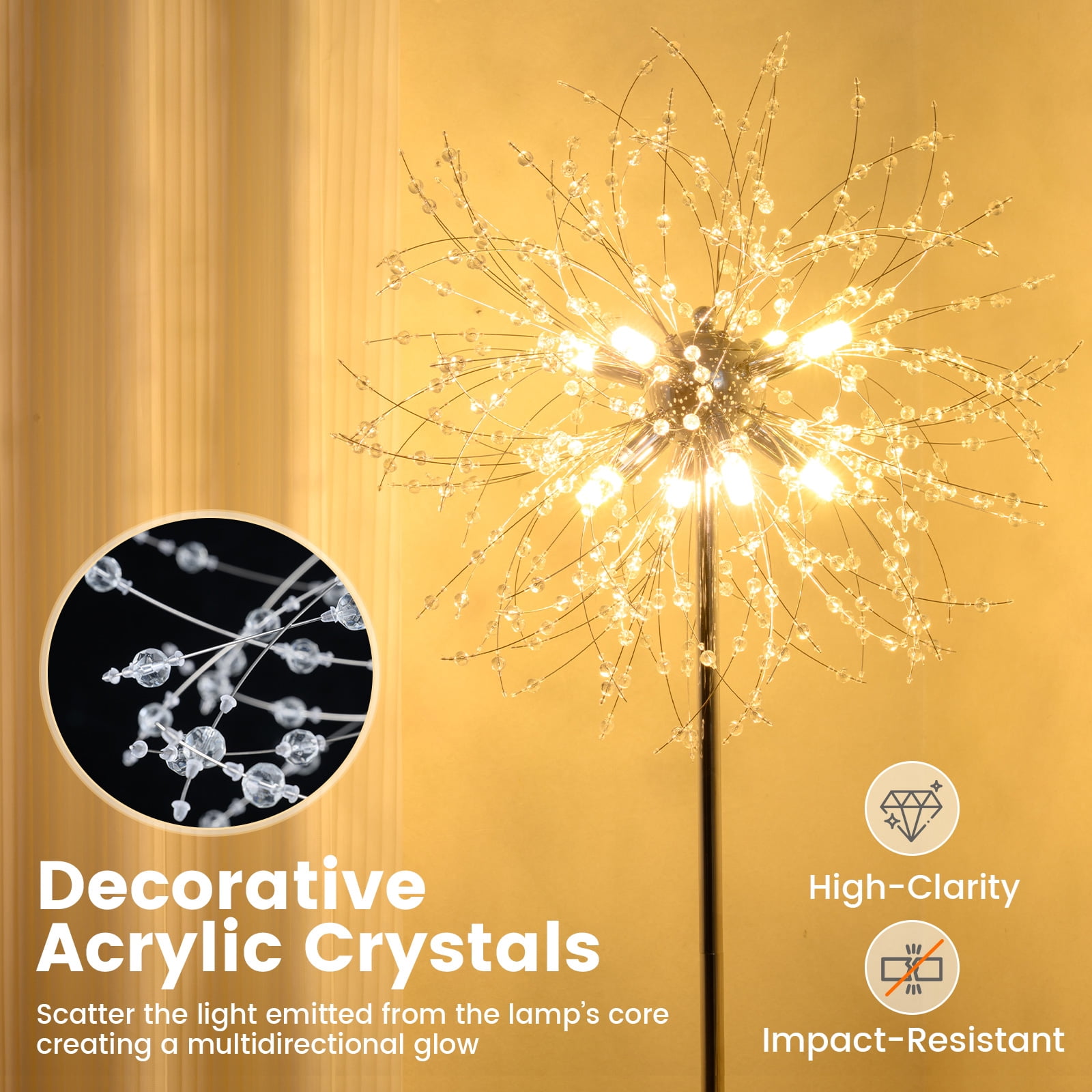 Gymax Crystal Floor Lamp Dandelion Style Standing Light with Foot Switch (Silver, 63 in) 9vs9v