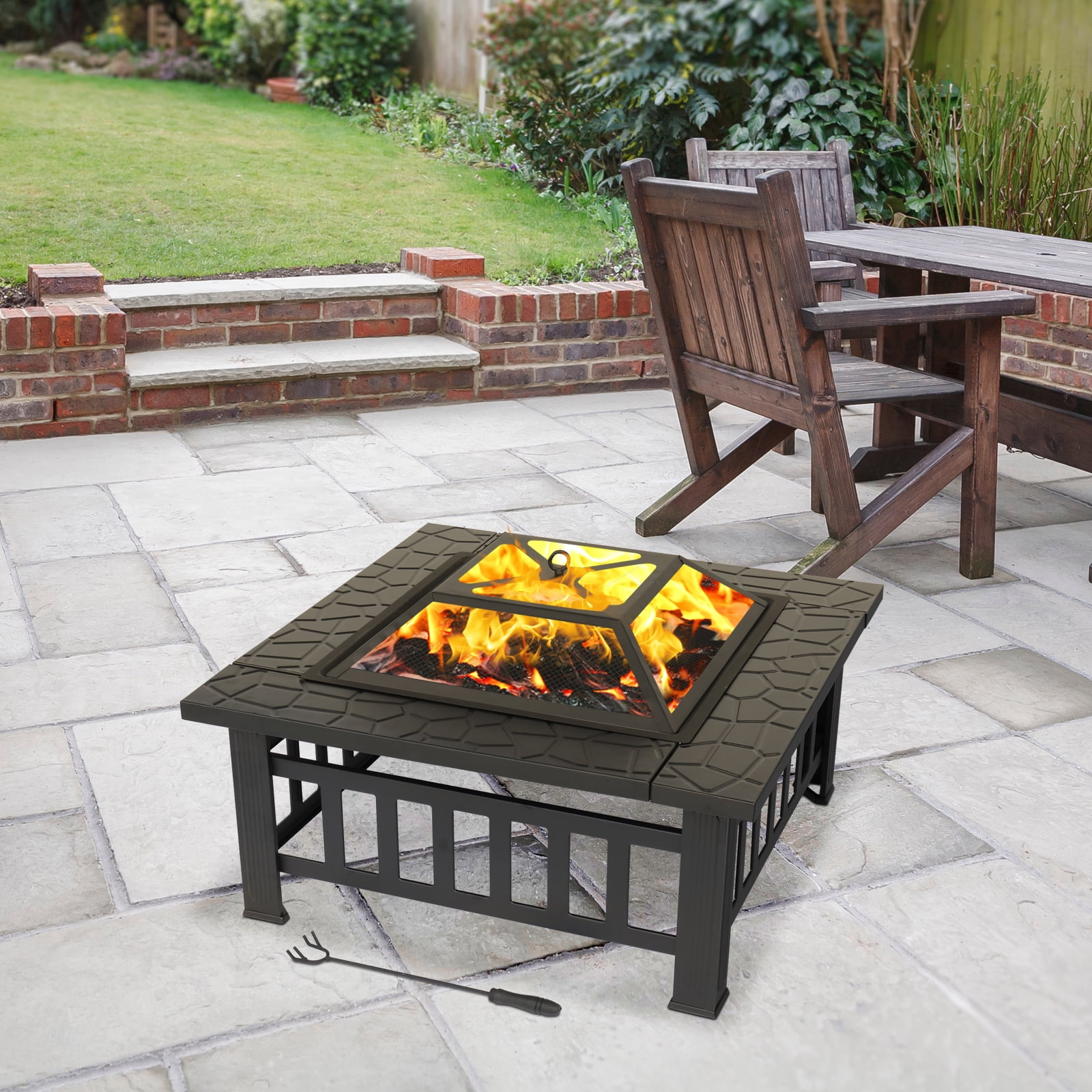 Zimtown 32 in Square Metal Fire Pit with Spark Screen and BBQ Grate (Black, 32 in) ma39g