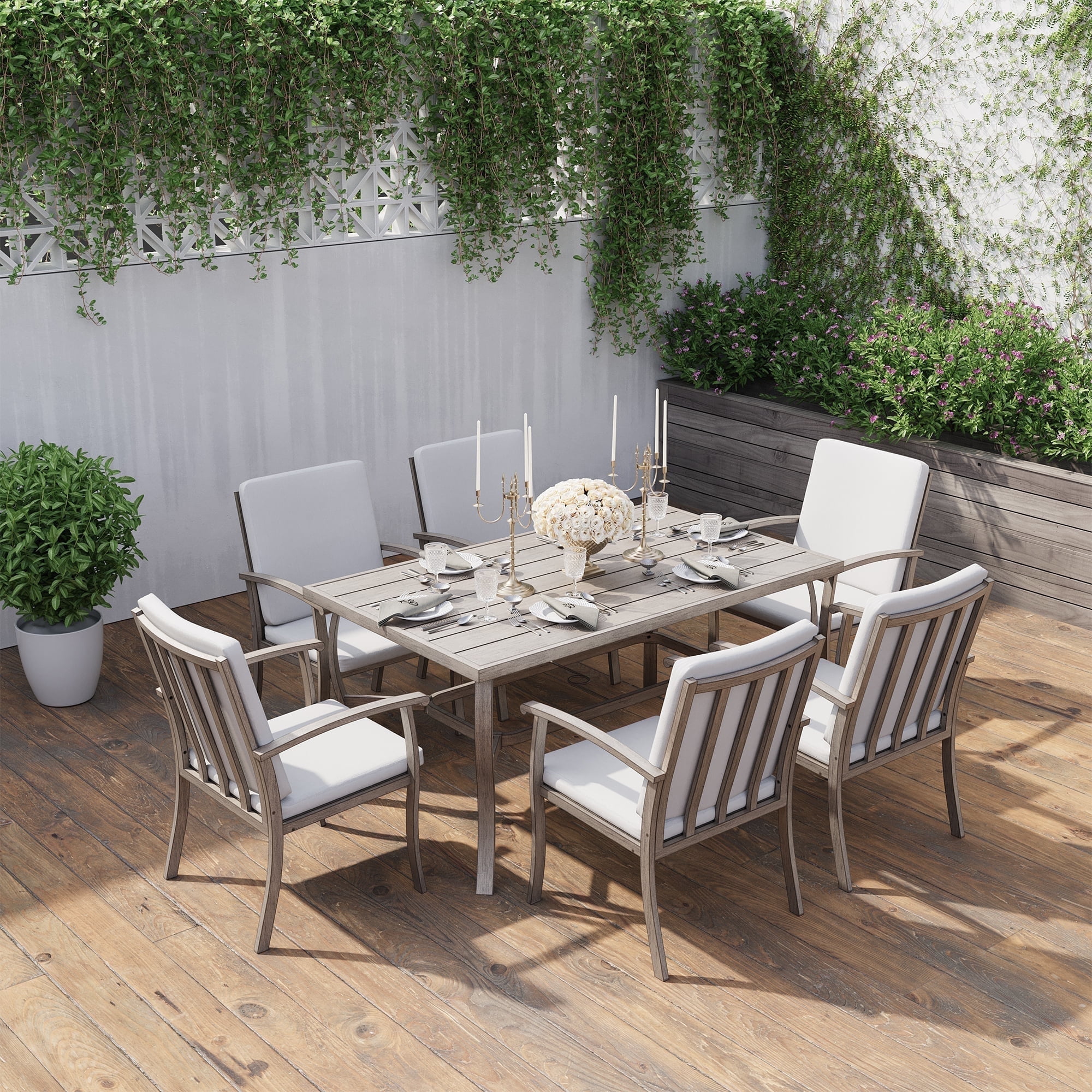 Happatio 7-Piece Outdoor Dining Set, Rust-Resistant Aluminum Patio Furniture for 6 with Washable Cushions (Gray) f6nup