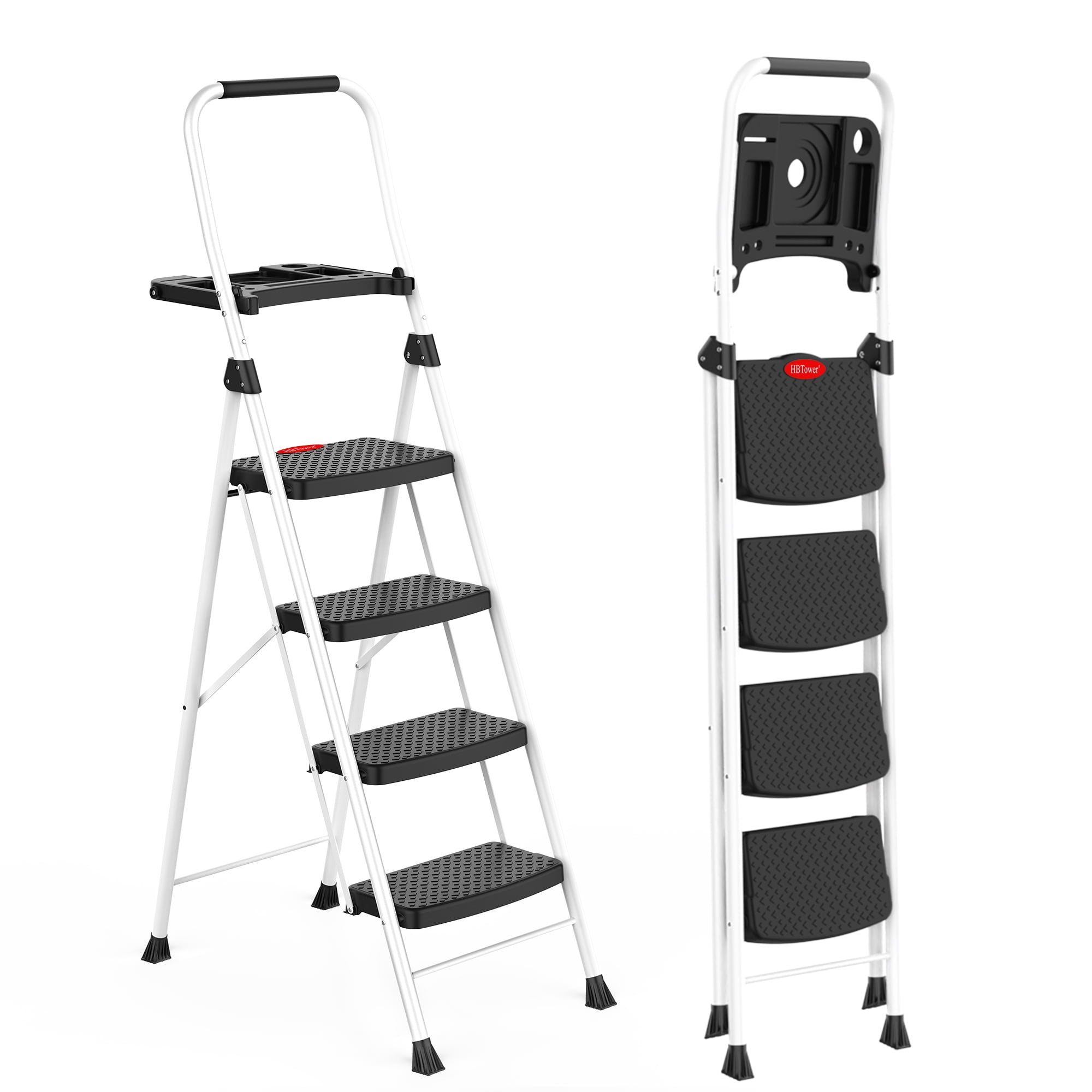 HBTower 4-Step Folding Ladder with Tool Tray and Anti-Slip Pedals (White, 330 lb Capacity) uzmnt