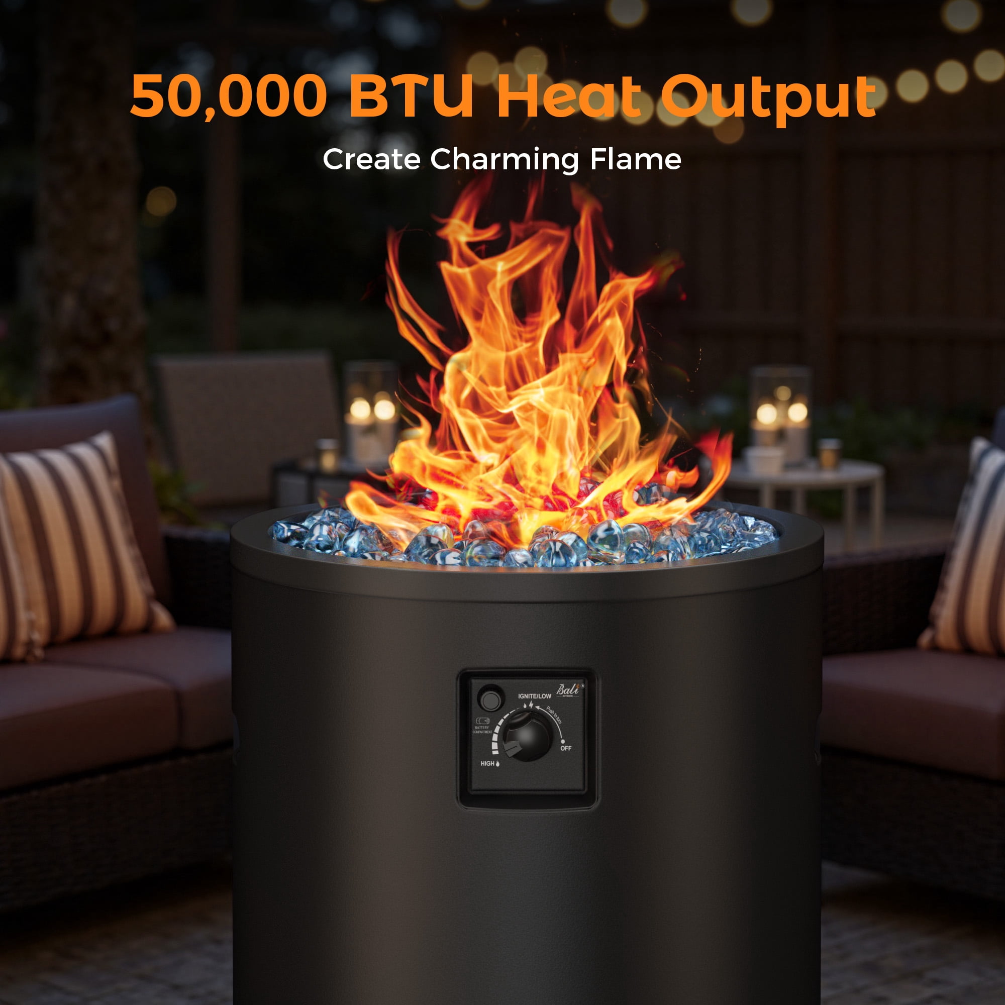 Bali Outdoors 23 in Gas Fire Pit Column, 50,000 BTU Round Propane Fire Pit Table with Glass Stones (Black) kws90
