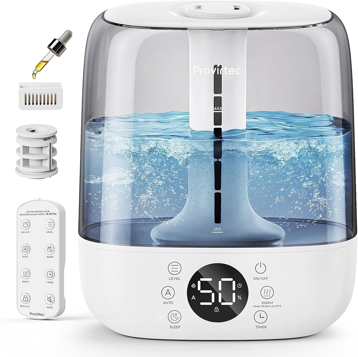 Provirtec Ultrasonic Humidifier for Large Rooms, Warm & Cool Mist, Top Fill, Remote Control (White, 6L) aeos1