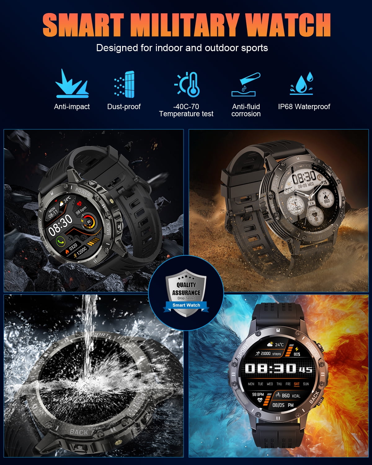 Tikland Smart Watch for Men, Bluetooth Call Fitness Tracker with 1.39 in AMOLED HD Screen, Rugged Sports Smartwatch (Black, 1.39 in) gdem6