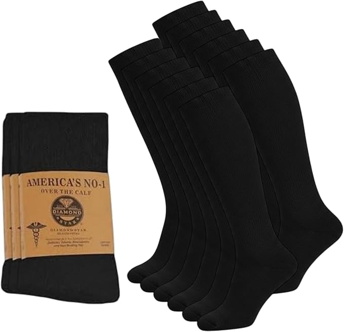 Diamond Star Men's Non-Binding Diabetic Knee High Socks, Cushioned Cotton Comfort (Black, 12 Pairs, Sock Size 9-11) x7osb