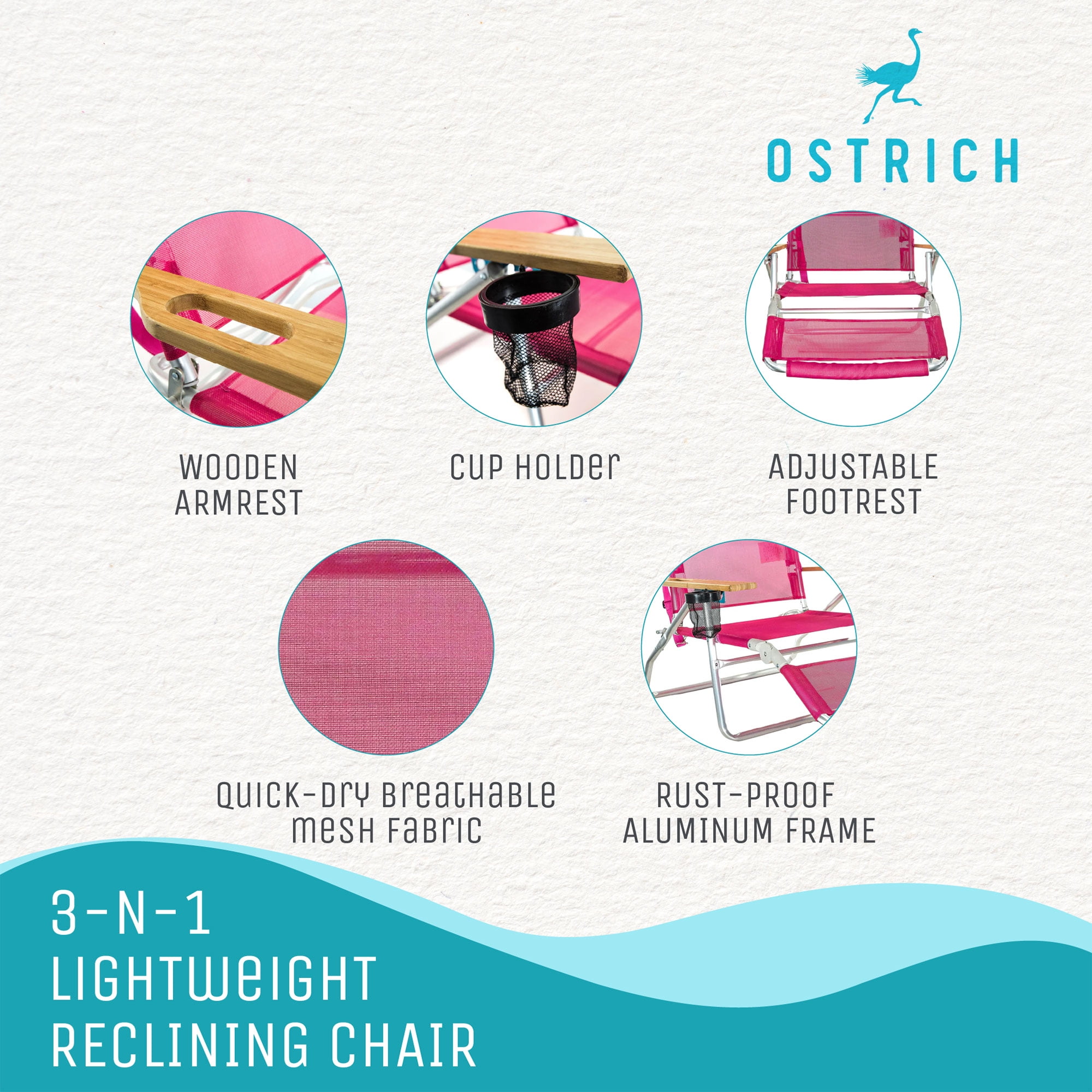 Ostrich Original 3N1 Outdoor Beach Lounge Chair with Footrest (Pink, 60.76 x 28.10 x 39.73 in) up1fv