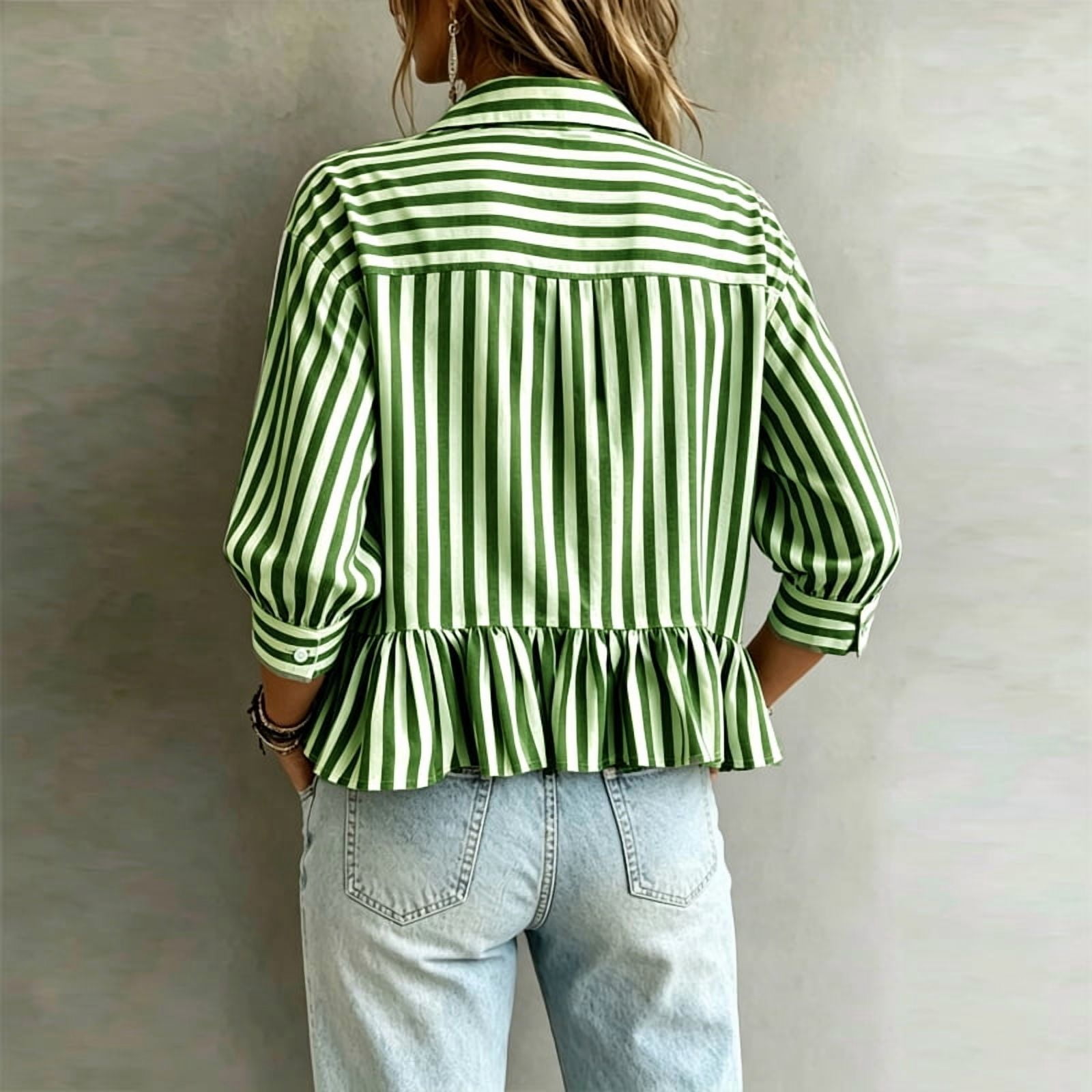 MORTTIC Women's Striped Ruffle Hem Babydoll Blouse (Green, Small) ls9pf