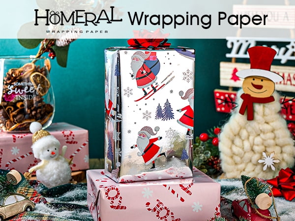 HOMERAL Christmas Wrapping Paper Roll, Festive Holiday Gift Wrap with Santa Claus and Candy Cane Patterns (White, 17 in x 33 ft) dvn11