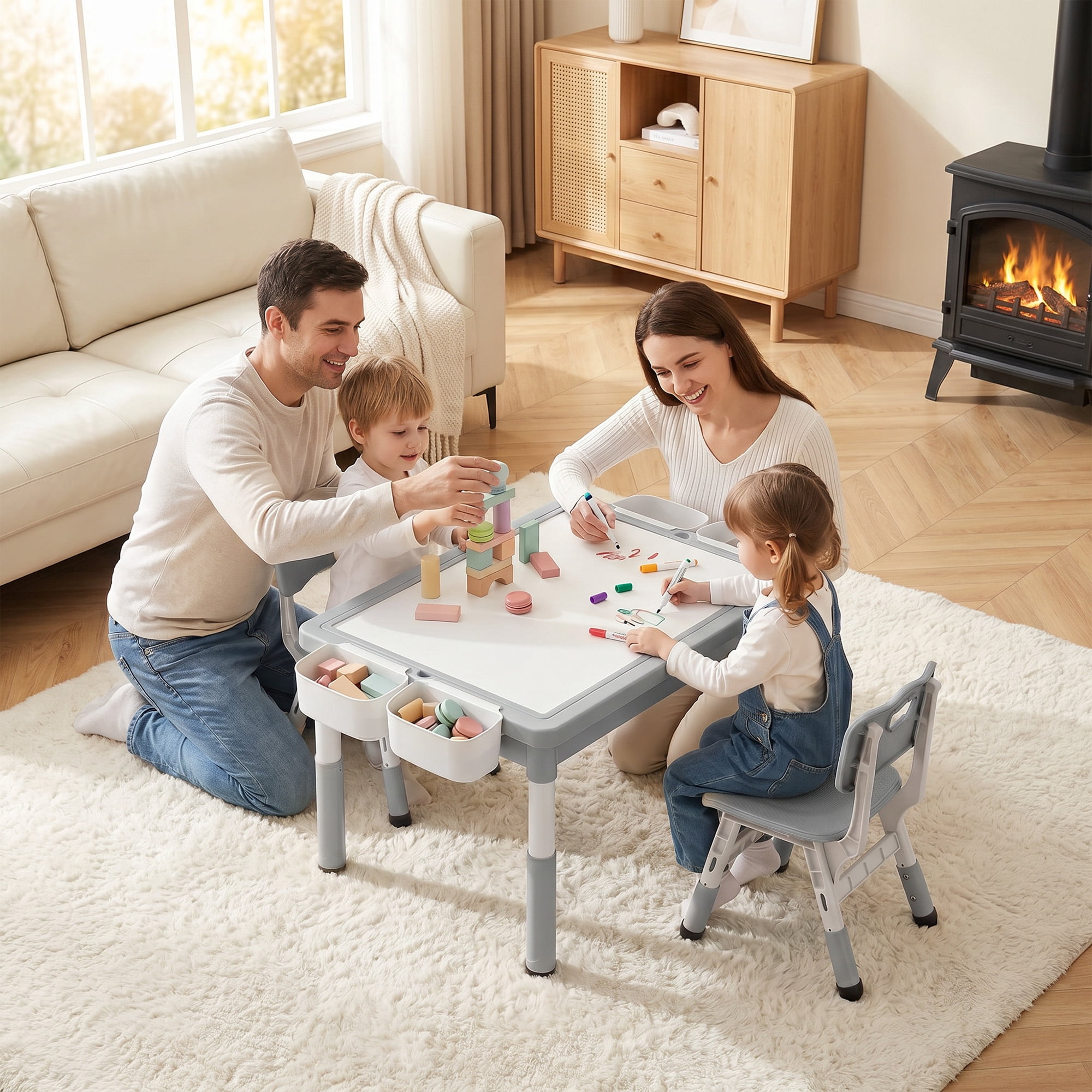 AILEEKISS Kids Activity Table and Chair Set, Building Block Play Desk with Storage (Grey) olmnm