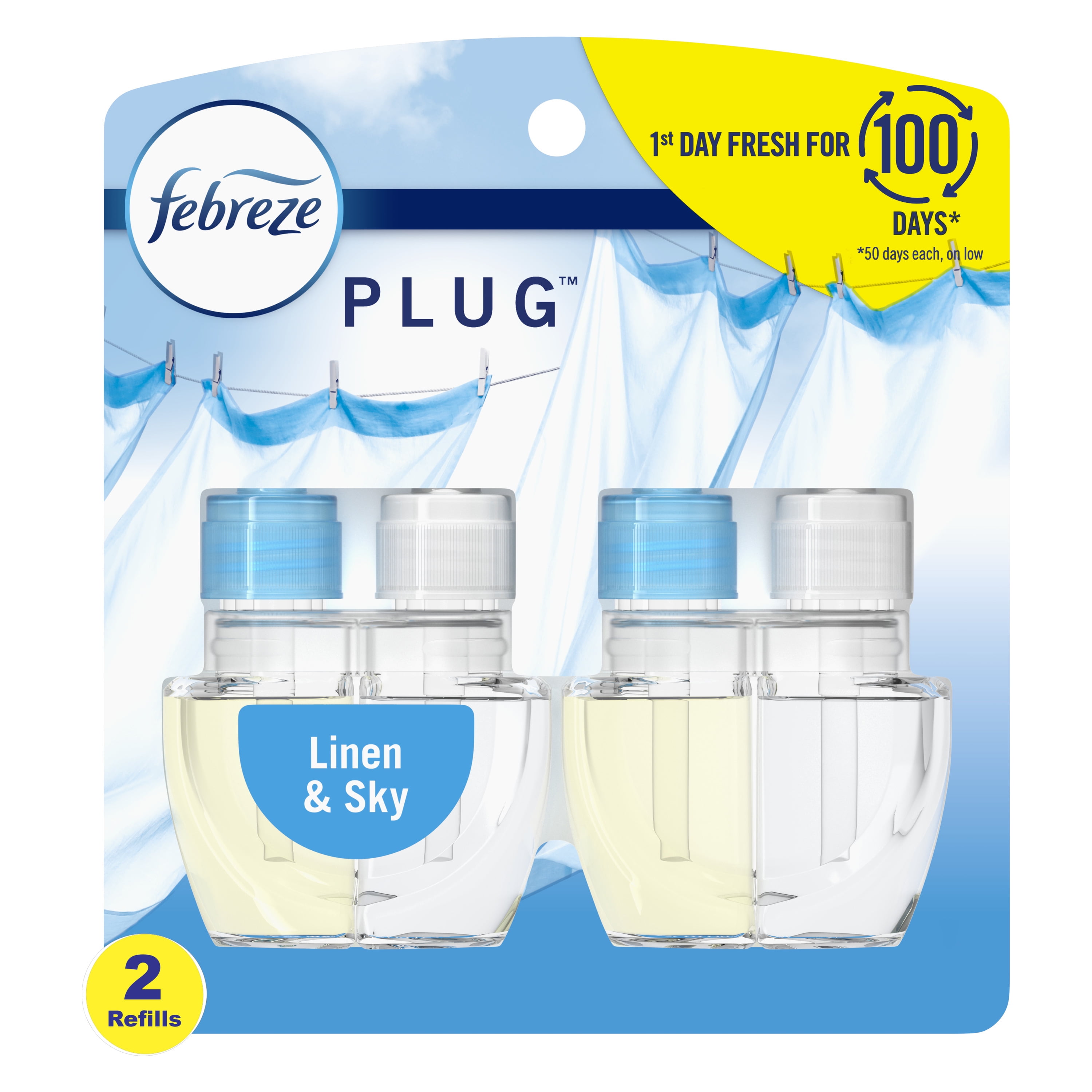 Febreze Fade Defy Plug In Air Freshener Refill, Odor-Fighting Scented Oil, Linen & Sky (0.87 fl oz, 2 Pack) eqcrd