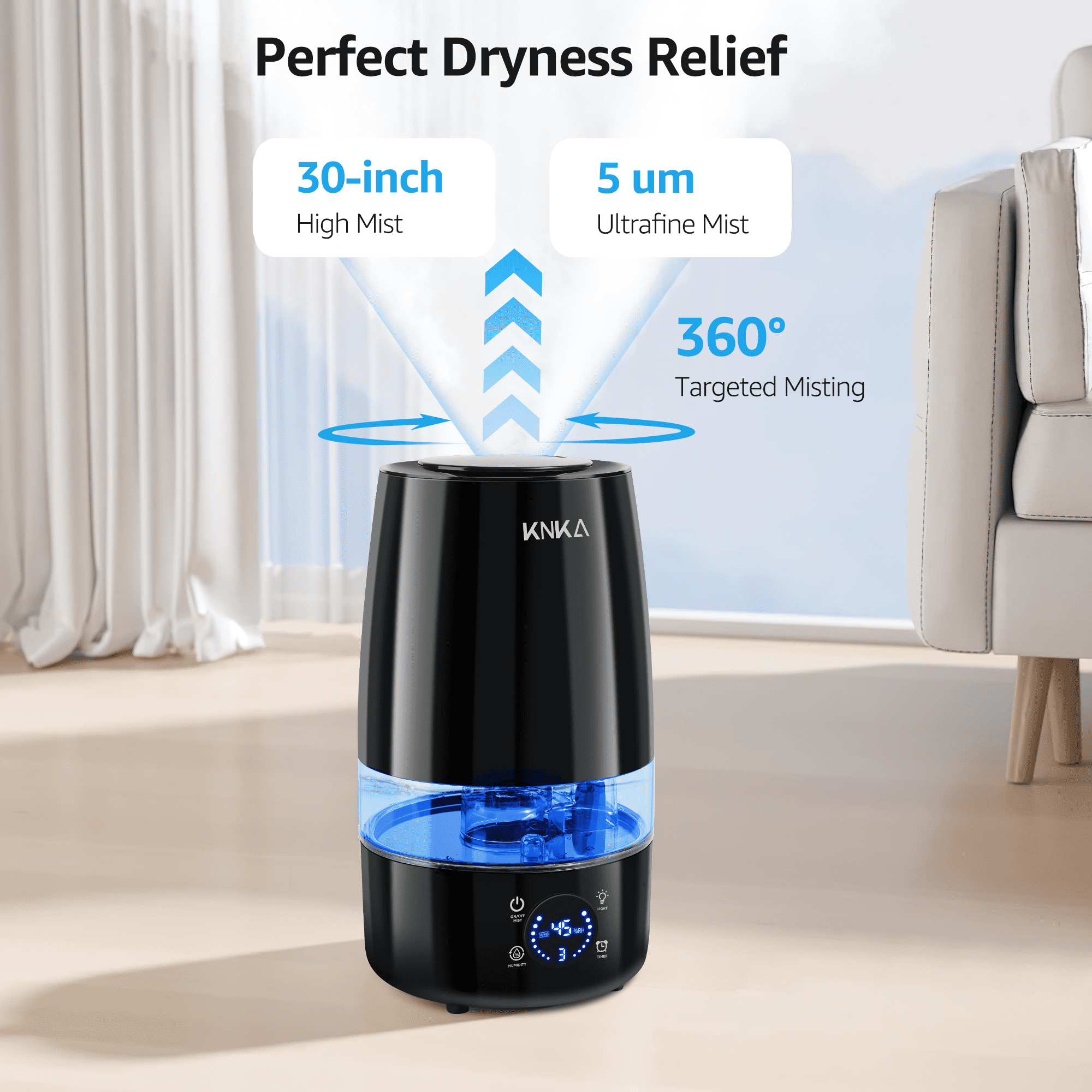 KNKA Ultrasonic Humidifier for Large Rooms, Essential Oil Diffuser with Auto Humidity Control (Black, 1.19 gal) u3yq2