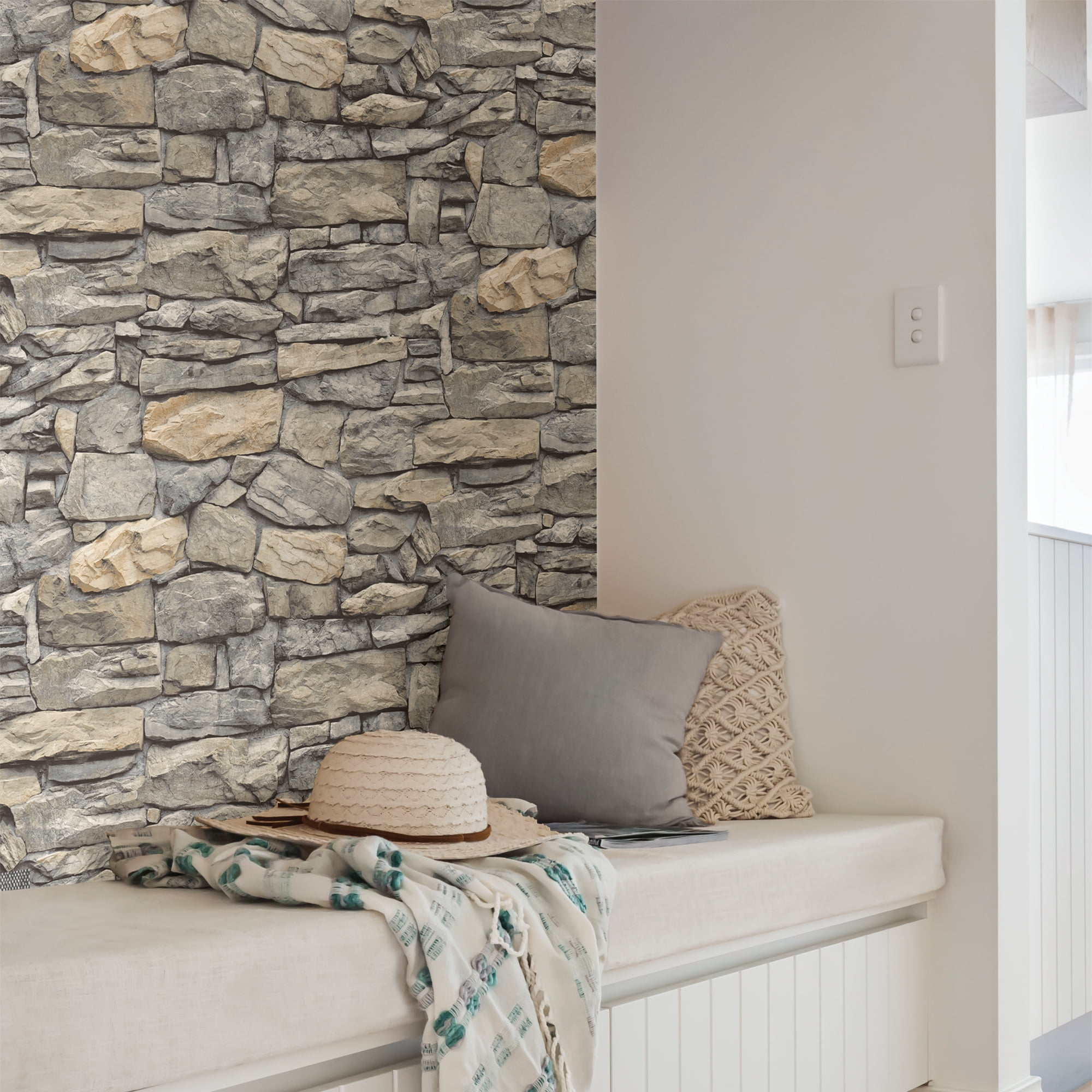 InHome Kilkenny Peel and Stick Vinyl Wallpaper, Realistic Stone Pattern, Removable Wall Decor (Grey, 216-in x 20.8-in) 42uhh