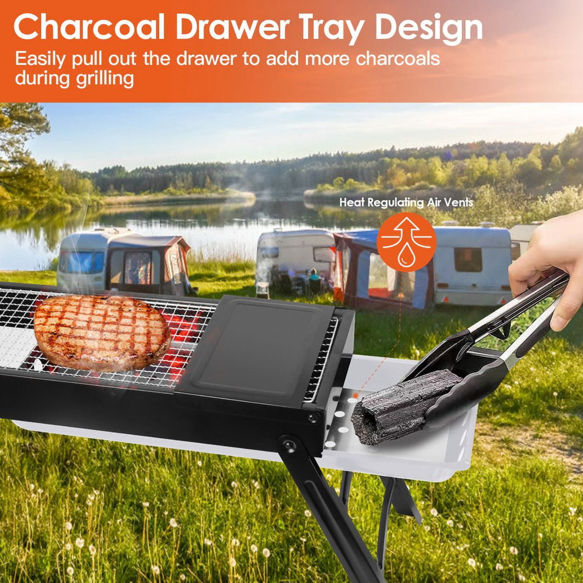 AsterOutdoor Portable Foldable Charcoal Grill for Camping and Outdoor Cooking (Black, 23.03 in x 8.85 in x 2.55 in) hsp61