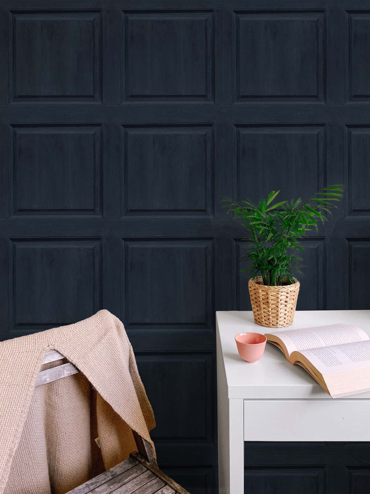 NextWall Arthouse Washed Faux Panel Peel and Stick Wallpaper (Navy, 20.5 in. W x 18 ft. L) 3a1nl