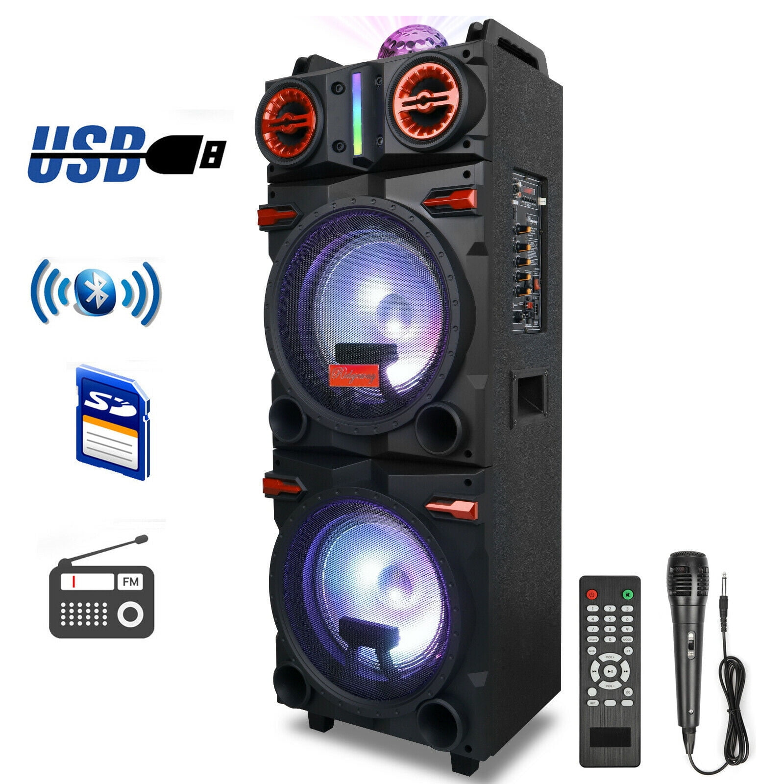 Dazone Portable Bluetooth Party Speaker with Dual 10 in Woofers, LED Lights, and Karaoke Function (Black, 4500W) 3e3co