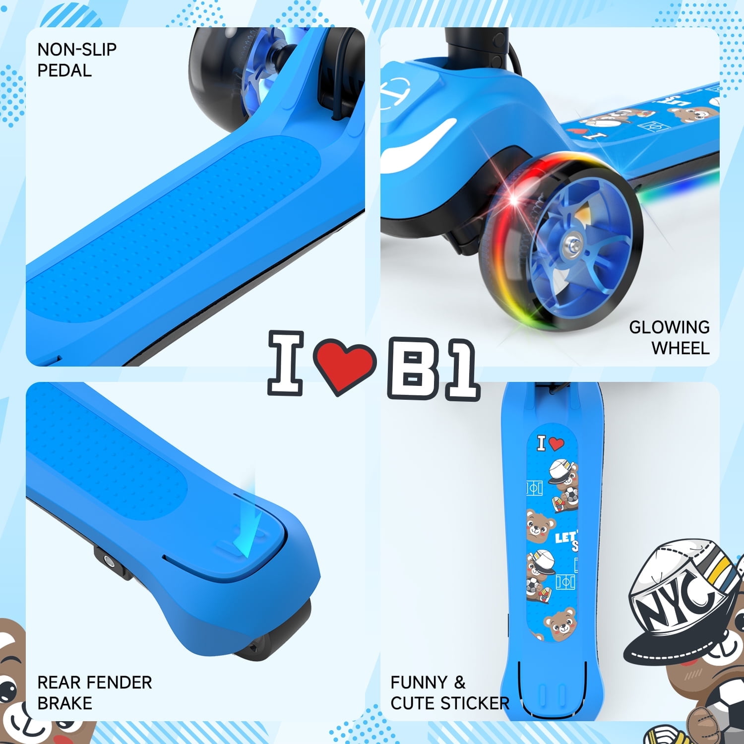 Rolldustry Electric Scooter for Kids, Foldable 3-Wheel Ride-On with LED Lights and Adjustable Handlebar (Blue, 110 lb Capacity) ye9w7