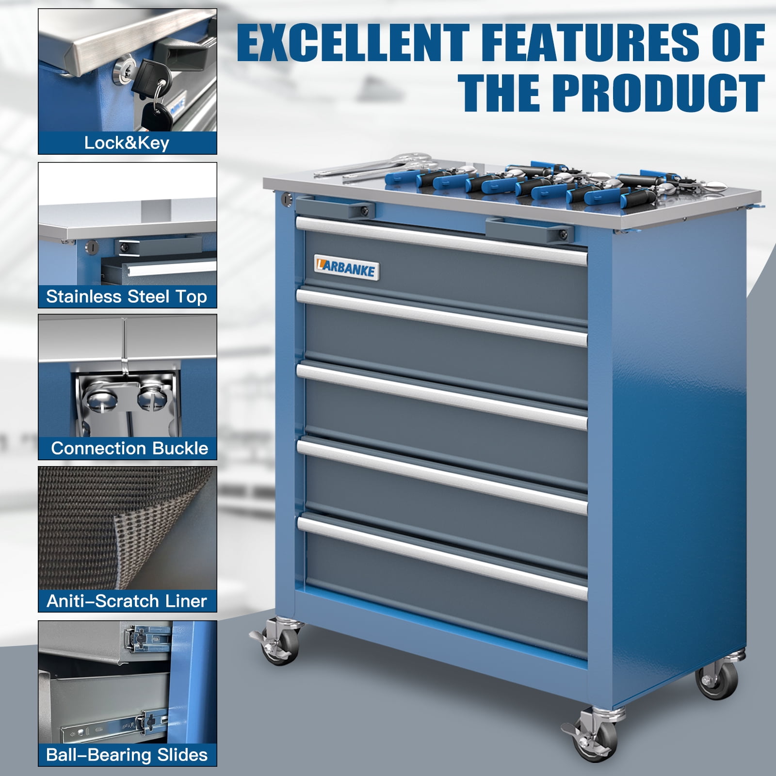 LARBANKE Rolling Tool Chest 5-Drawer Cabinet with Stainless Steel Top (Blue, 26 in x 13.5 in x 29 in) zks2v
