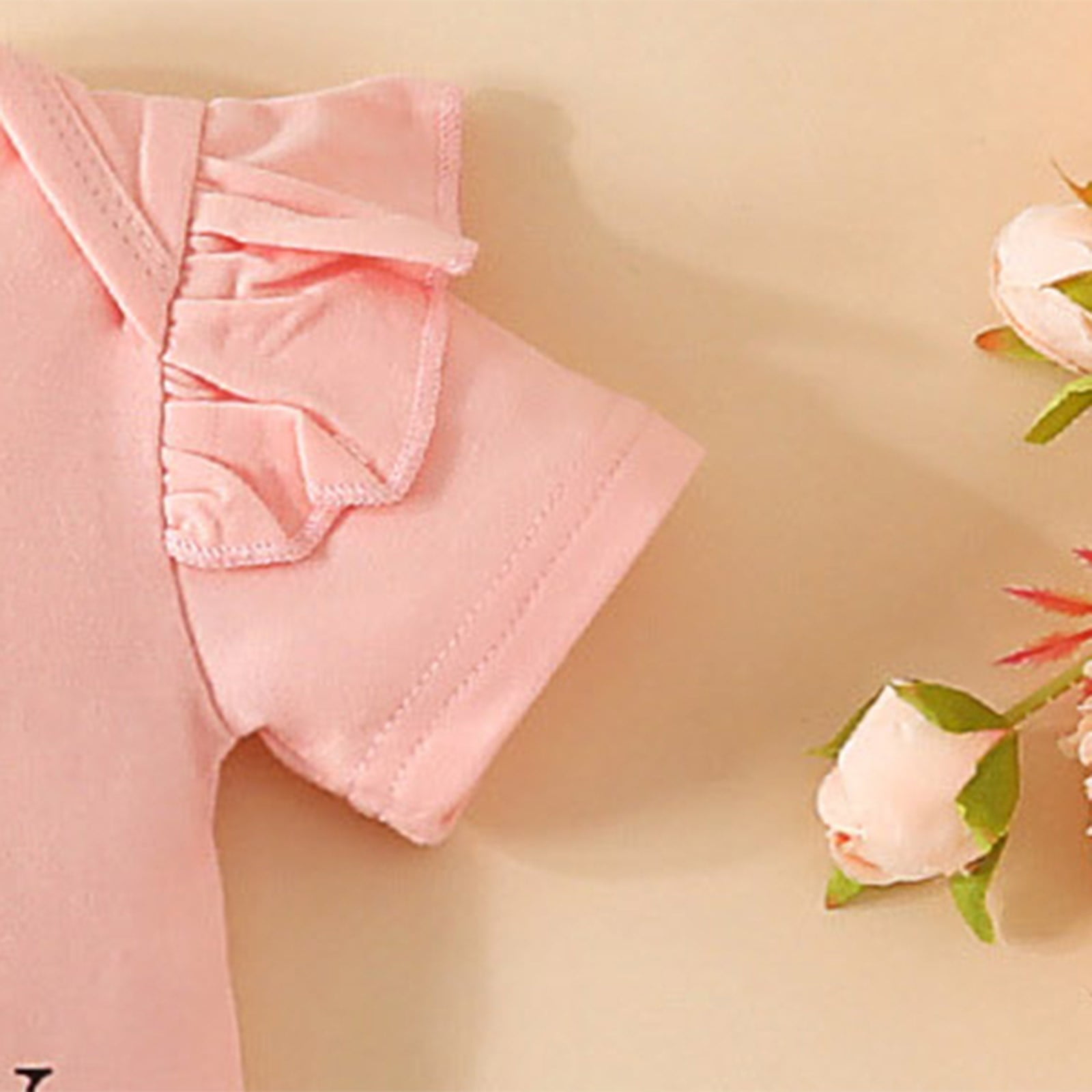 Qopobobo Toddler Girl Summer Outfit Short-Sleeve Romper Floral Ruffled Shorts Headband Set (Light Pink, 3-6 Months) rivki