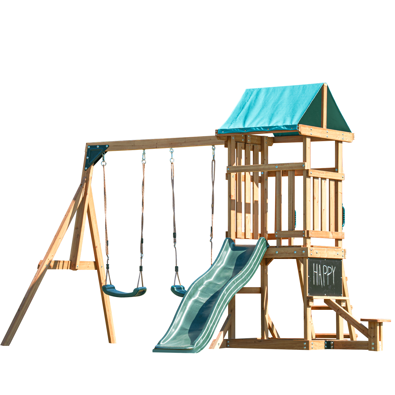 DOLPHIN PLAYGROUND Wooden Outdoor Playset with Swings, Slide, and Playhouse (Brown, 120 in x 108 in x 96 in) s0g3z