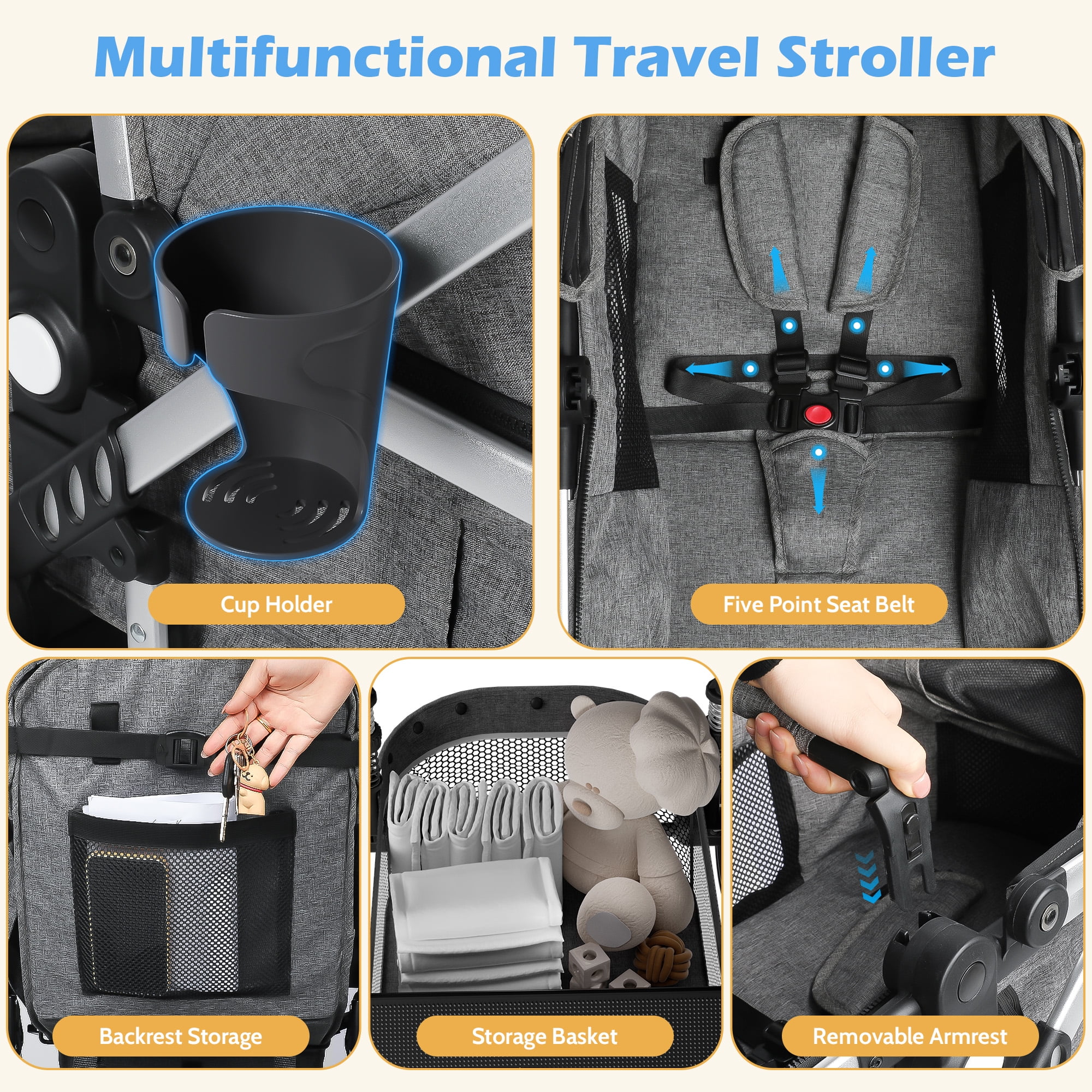 babyeap 2-in-1 Foldable Baby Stroller, Lightweight Reversible Bassinet Carriage with Storage & Cup Holder (Gray, 23 x 24 x 42 in) 9ivpa