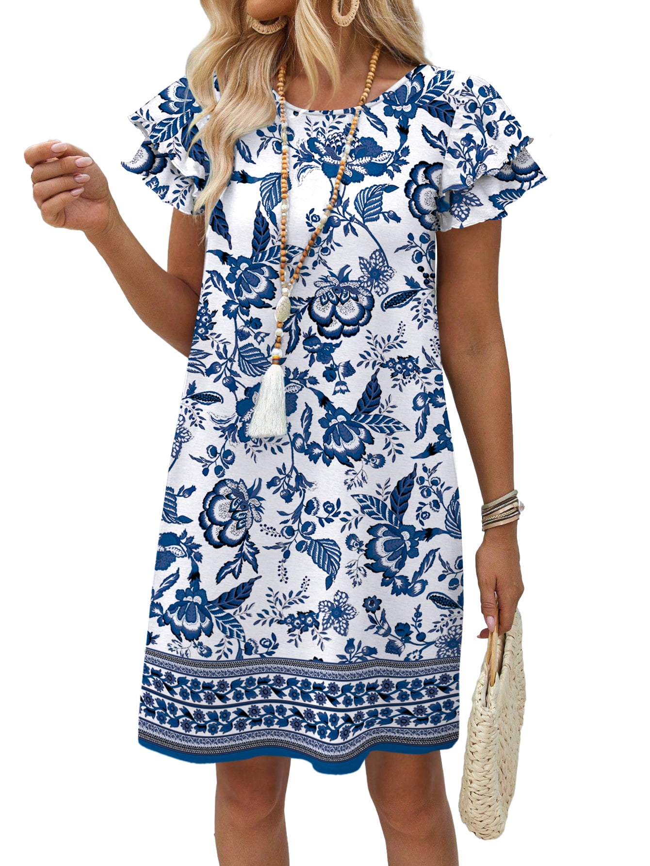 WIHOLL Women's Casual Crewneck Ruffle Short Sleeve Mini Dress (Solid, M) vyz37