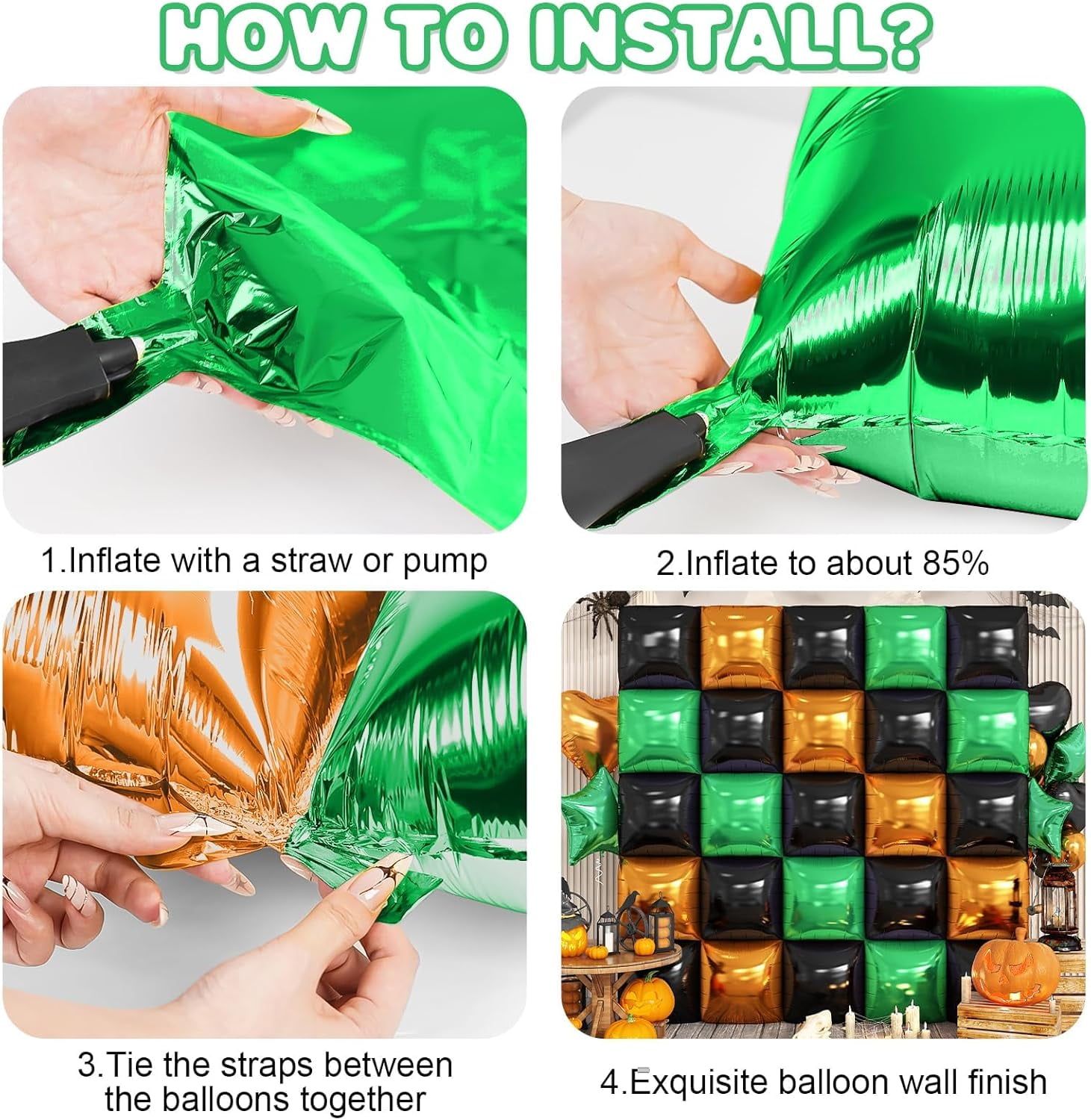 Party Decor Square Foil Balloon Wall Kit (Black, Orange, Green, 25-Piece Set) zb6ju