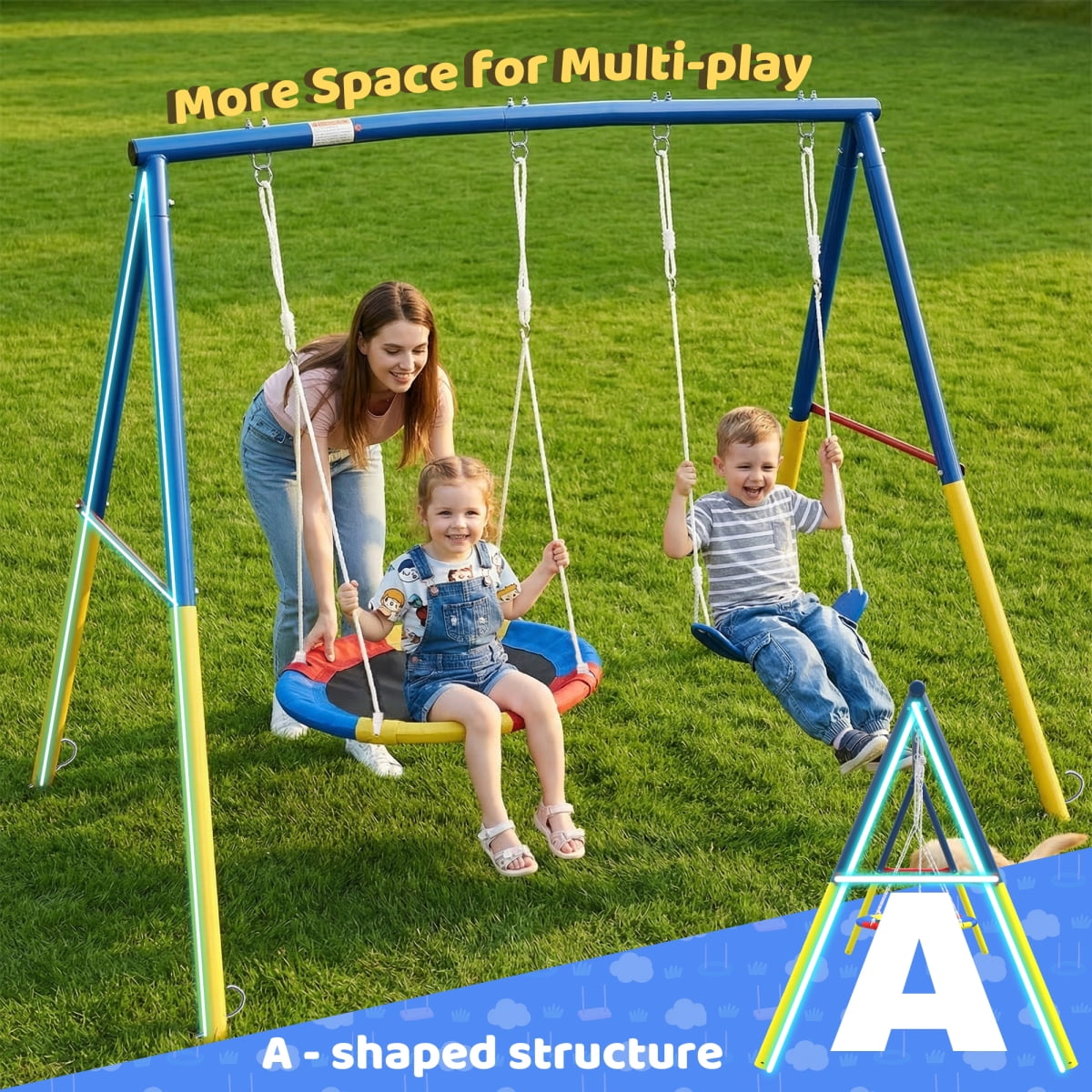 LIANGKA Heavy-Duty A-Frame Metal Swing Set with Saucer and Belt Seats (Blue, 330 lb) q4nxm