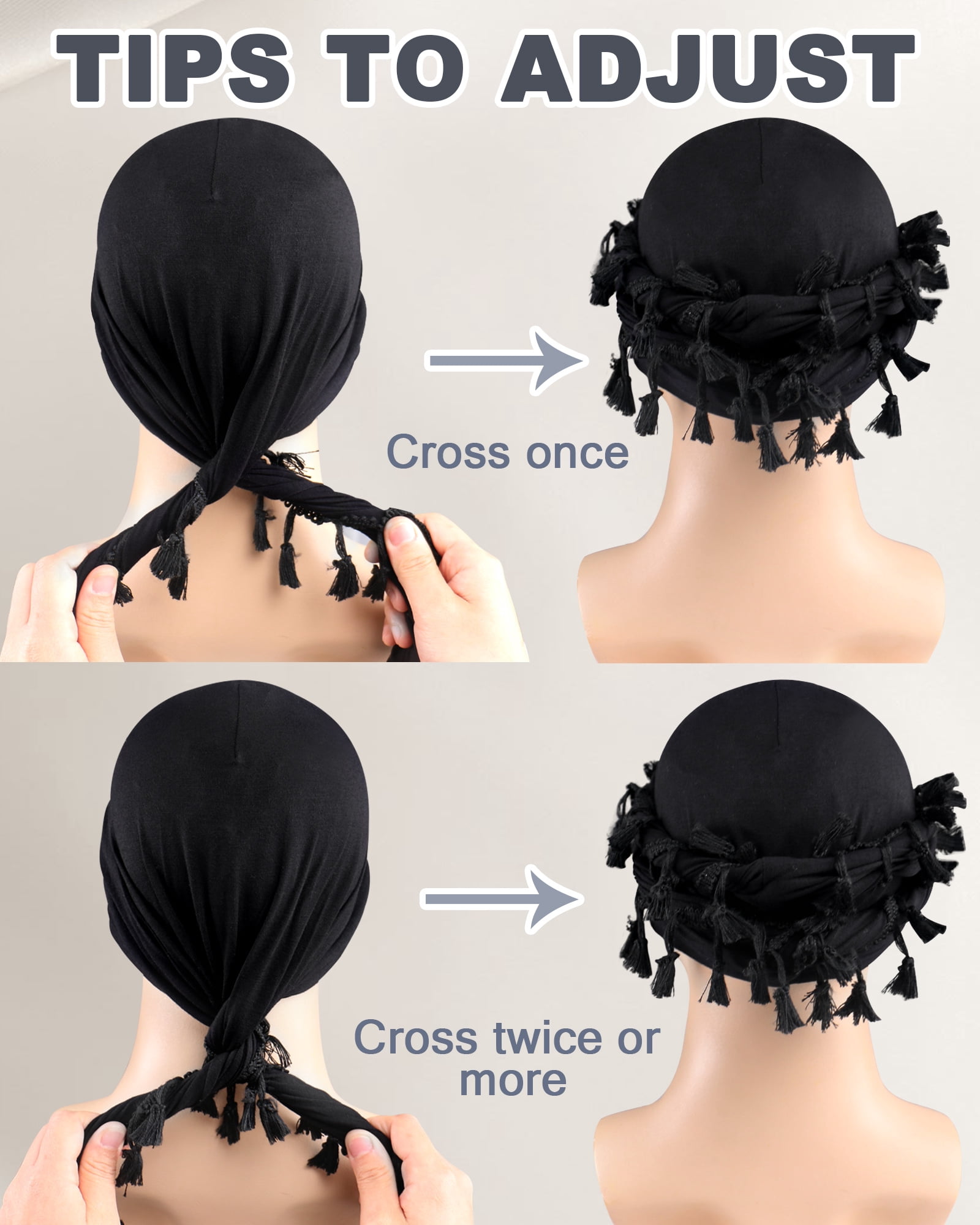 Ababalaya Adjustable Satin Lined Halo Turban Head Wrap with Tassel Tie (Black, 21.2-24.4 in) 5qf6m