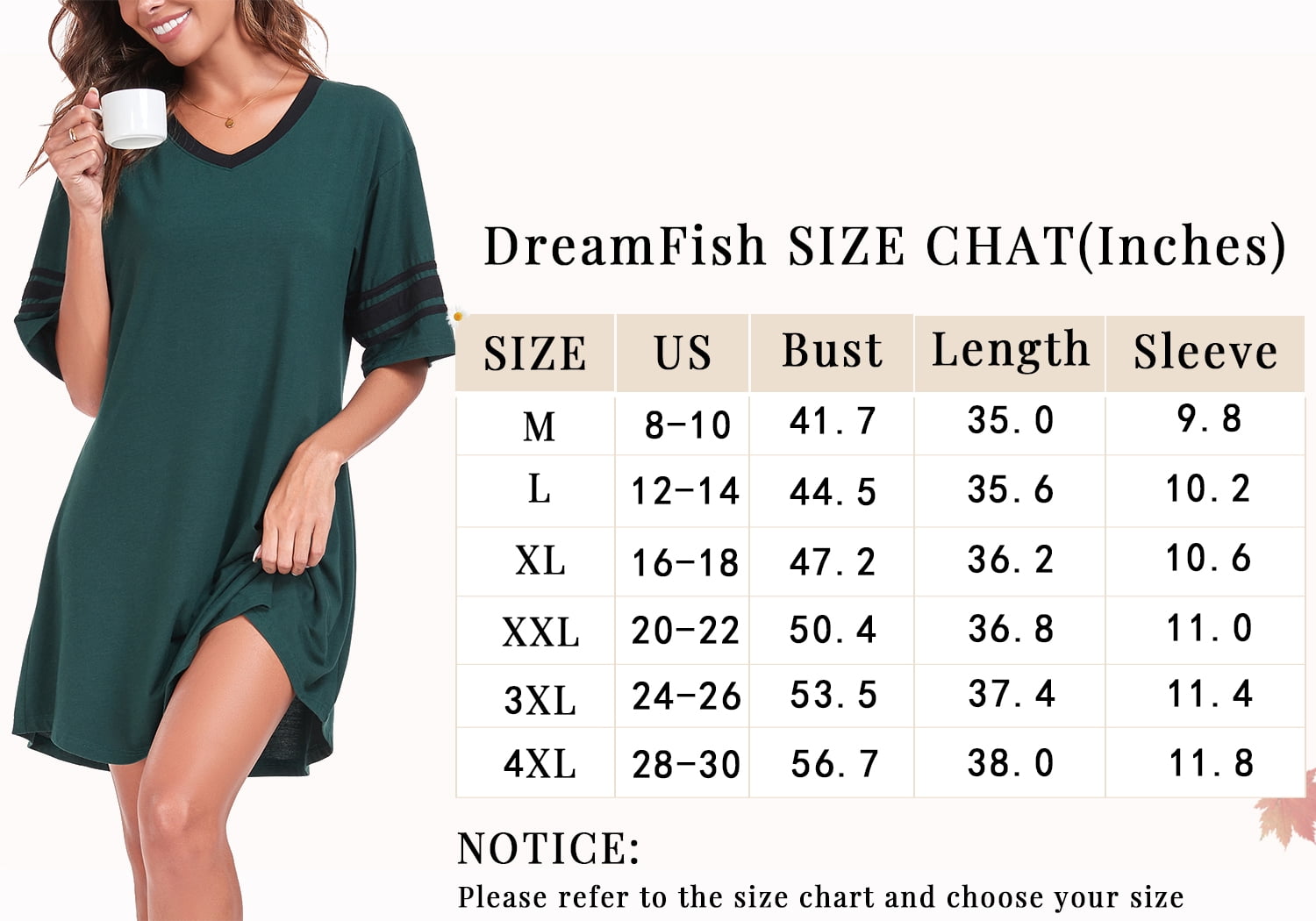 DreamFish Womens Nightgown Short Sleeve V-Neck Sleepshirt Loungewear (Green, M) y4w5a